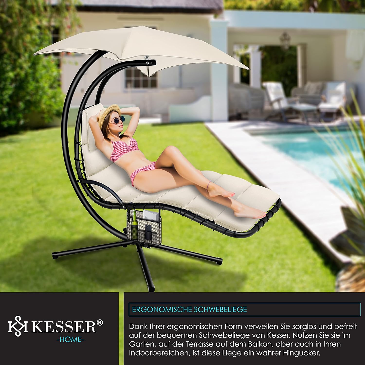 KESSER® Leżak wiszący z parasolem przeciwsłonecznym, wys. 200, dł. 194, szer. 100 cm, leżak relaksacyjny, hamak, obciążenie do 120 kg, leżanka bujana, poduszka na kark, w zestawie torba, Beżowy