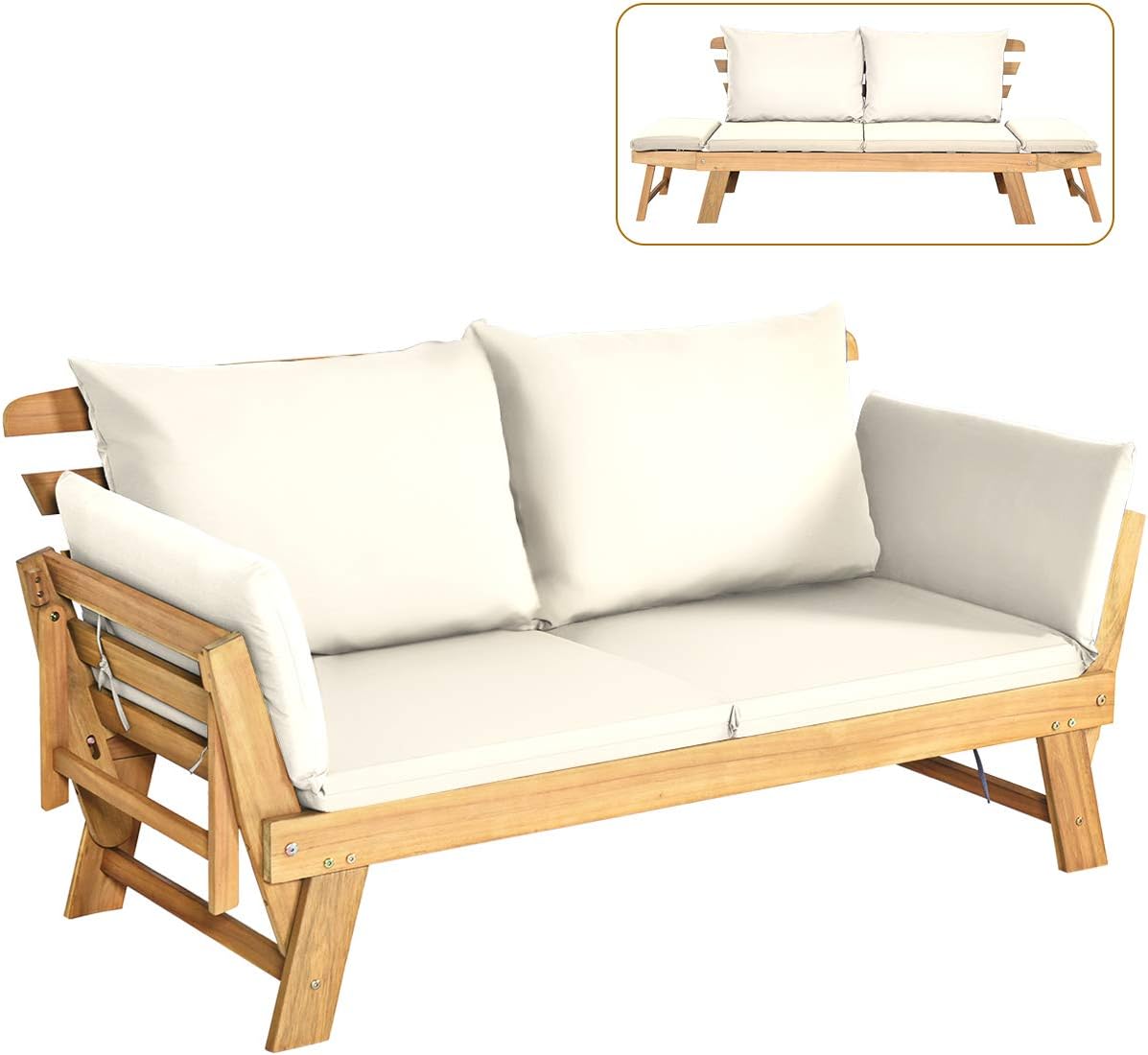 COSTWAY Ławka ogrodowa z funkcją leżenia, sofa ogrodowa z poduszkami i składanym podłokietnikiem, ławka balkonowa z drewna akacjowego, sofa balkonowa, sofa ogrodowa do ogrodu, na taras, balkon, 198 x