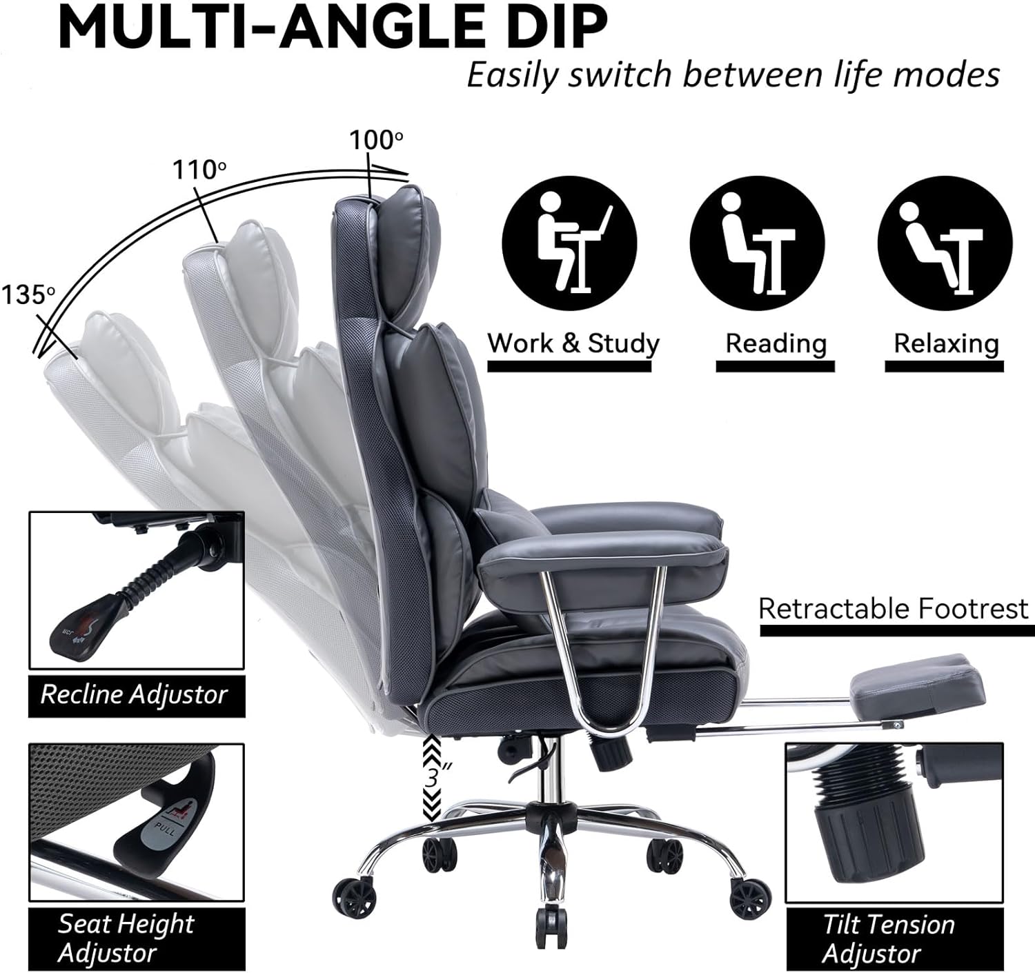 Efomao ergonomiczny fotel biurowy, krzesło kierownicze z PU skóry, fotel biurowy do 200 kg z podnóżkiem i podpórką lędźwiową, regulowane krzesło z wysokim oparciem
