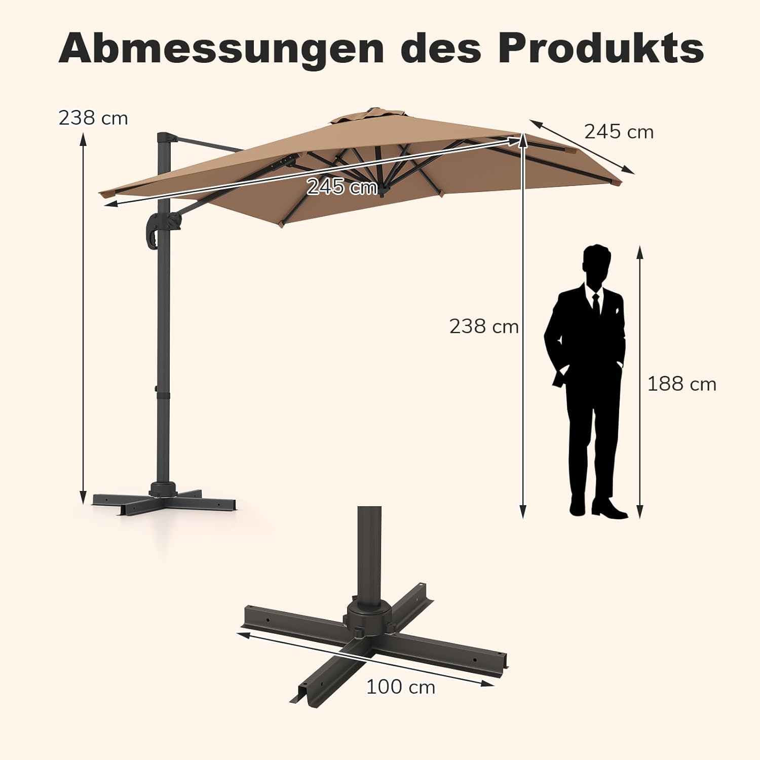 COSTWAY Parasol przeciwsłoneczny, prostokątny, 300 x 300 cm, duży parasol przeciwsłoneczny z korbą, parasol ogrodowy, odchylany o 360°, parasol tarasowy, do ogrodu, na taras, balkon (czarny)
