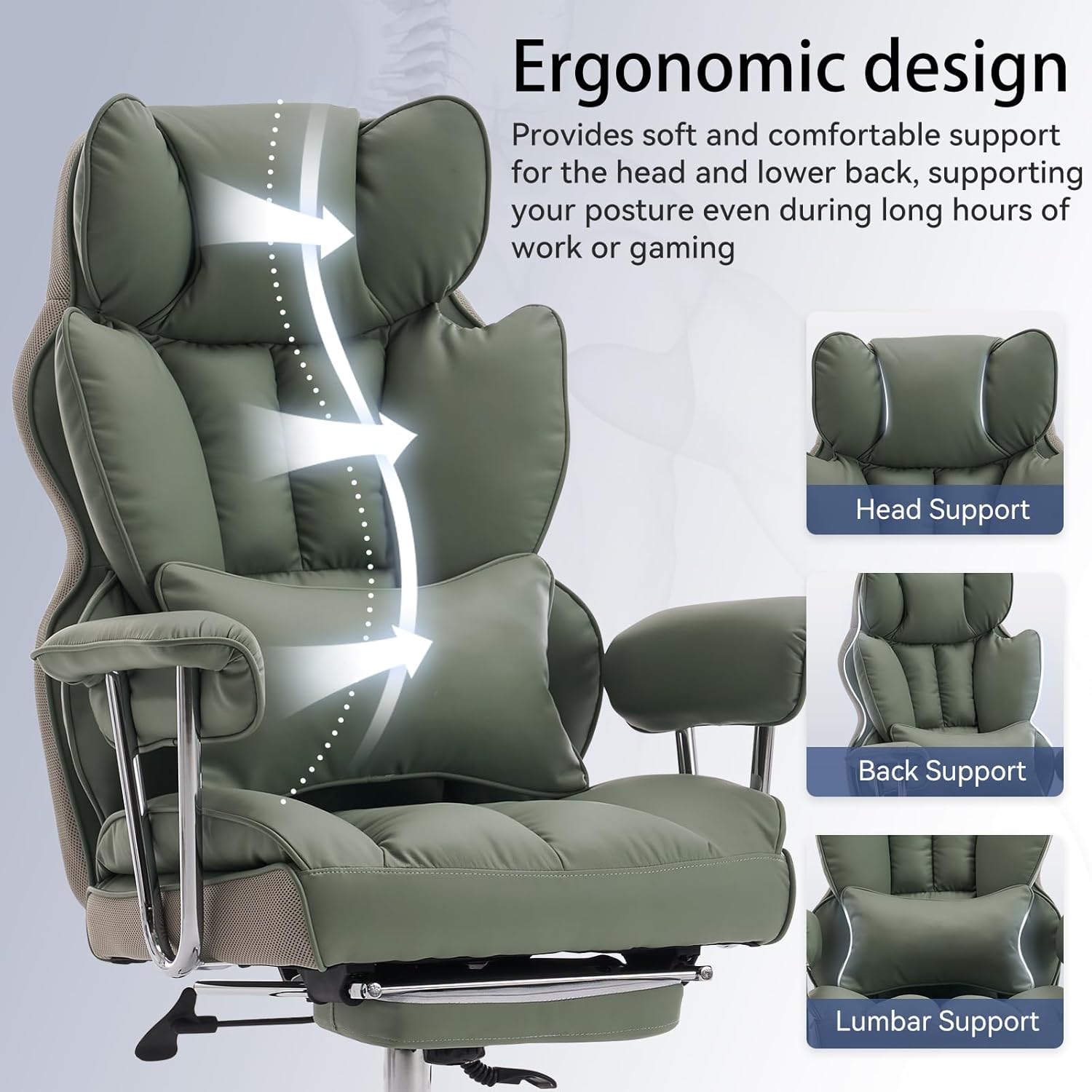 Efomao ergonomiczny fotel biurowy, krzesło kierownicze z PU skóry, fotel biurowy do 200 kg z podnóżkiem i podpórką lędźwiową, regulowane krzesło z wysokim oparciem