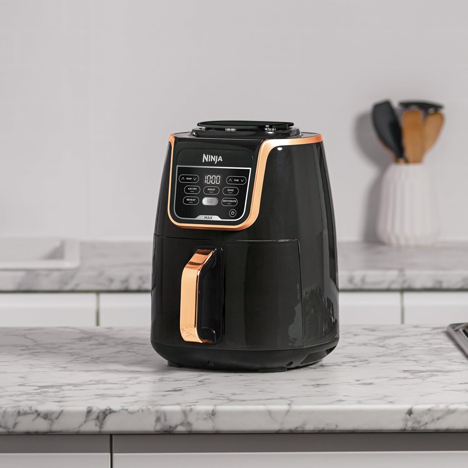 Ninja Foodi MAX Dual Zone Frytkownica beztłuszczowa z 2 szufladami, 9,5 l, kosz nieprzywierający nadaje sie do zmywarki, na 8 porcji, miedziano/czarna, 6 w 1, amazon exclusive, AF400EUCP