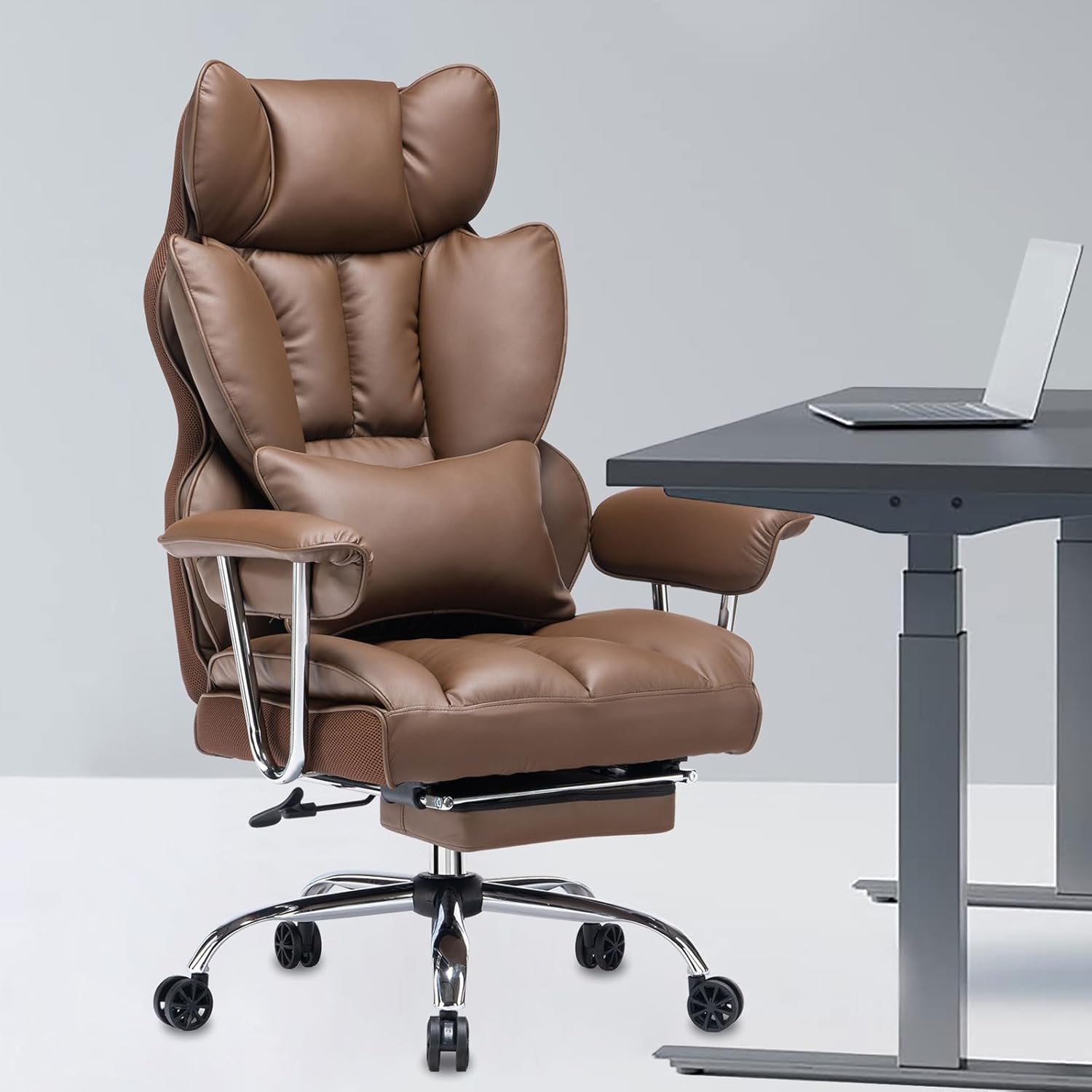 Efomao ergonomiczny fotel biurowy, krzesło kierownicze z PU skóry, fotel biurowy do 200 kg z podnóżkiem i podpórką lędźwiową, regulowane krzesło z wysokim oparciem