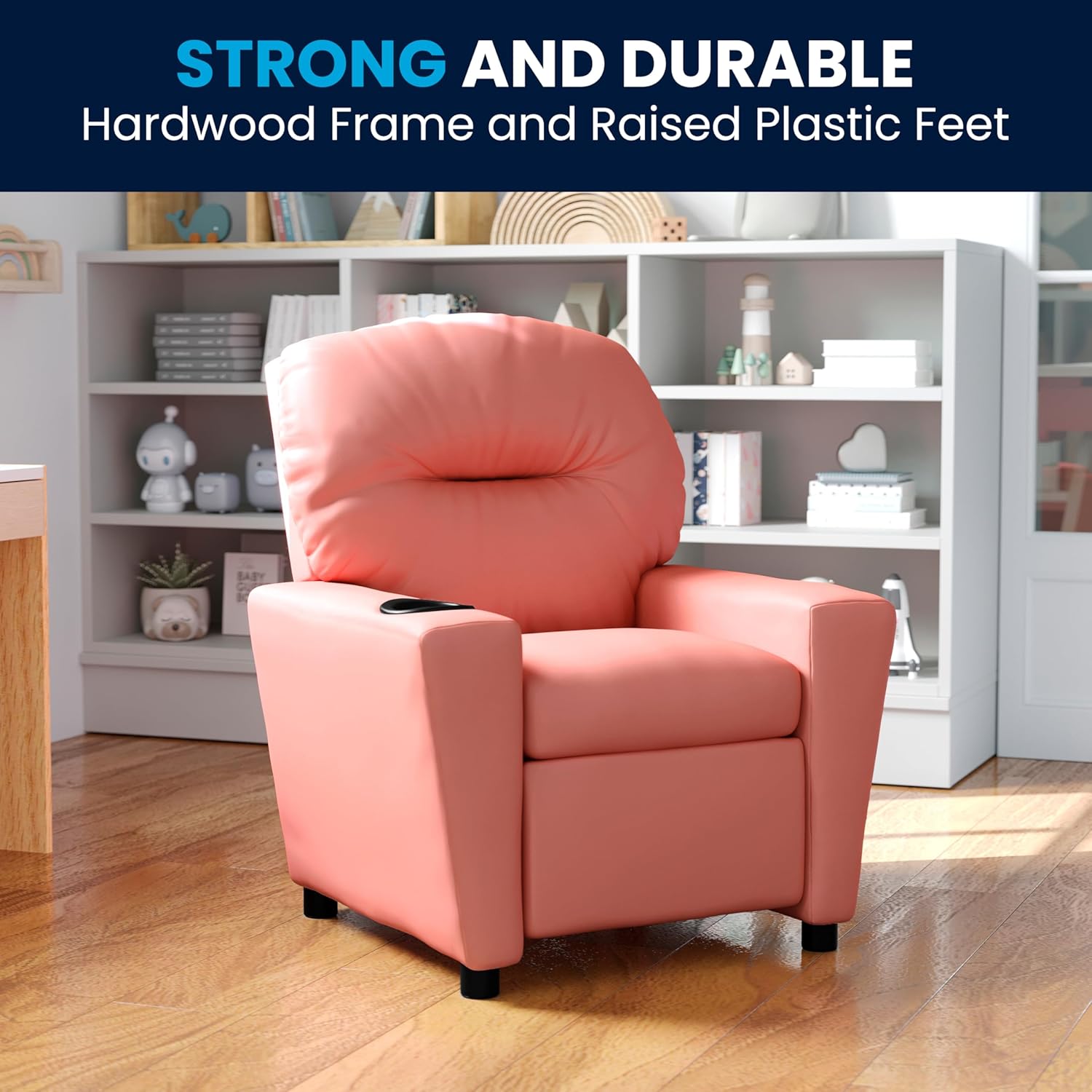 Flash Furniture Współczesny leżak dziecięcy z uchwytem na kubki, drewno, beżowy winyl, 66,04 x 53,34 x 53,34 cm