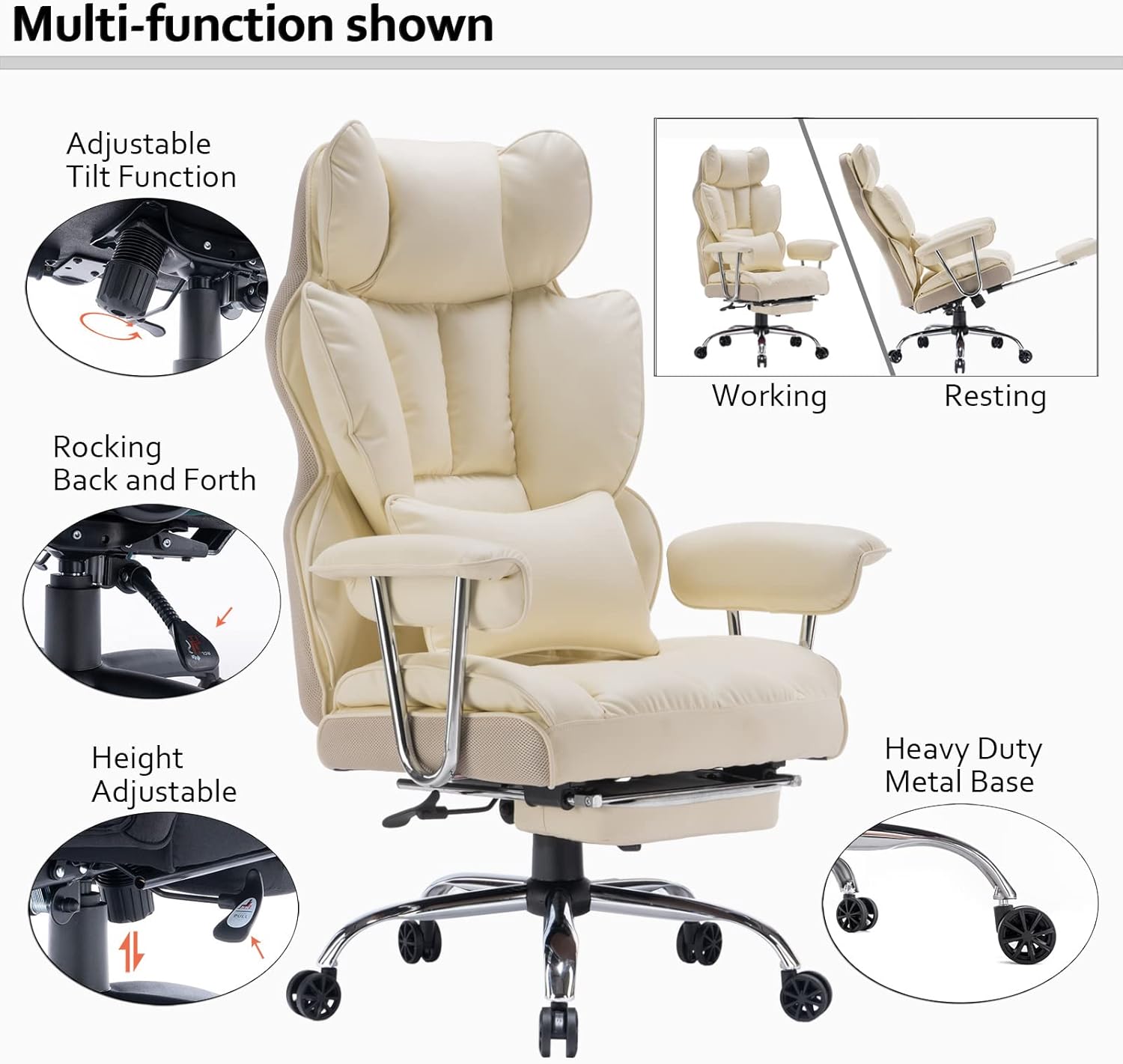 Efomao ergonomiczny fotel biurowy, krzesło kierownicze z PU skóry, fotel biurowy do 200 kg z podnóżkiem i podpórką lędźwiową, regulowane krzesło z wysokim oparciem