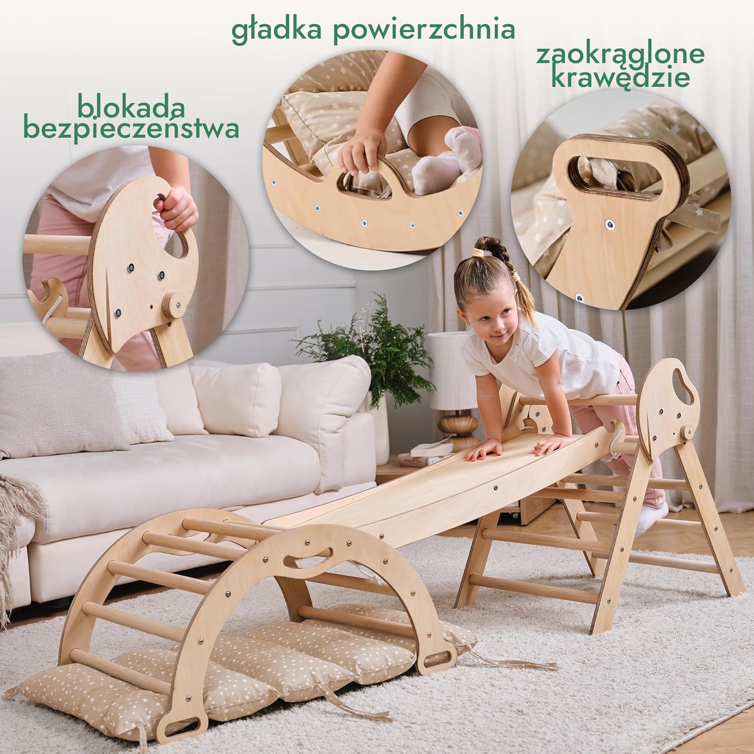 Zestaw wspinaczkowy 5 w 1 Montessori - drewniana siłownia z trójkątną drabinką i łukiem oraz rampą wspinaczkową, siatką i poduszką - rama wspinaczkowa dla maluchów w wieku 1-7 lat w rozmiarze XL