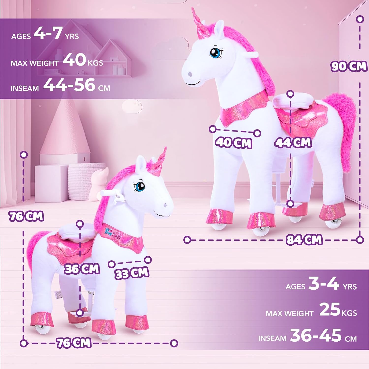 PonyCycle 2023 Nowy Model E Jednorożec do Jazdy na Mechanicznym Chodzącym Jednorożcu z Hamulcem (Fioletowy/Rozmiar 4 dla Dzieci w Wieku 4-8 Lat) Hulajnoga dla Maluchów do Jazdy na Koniu - E413