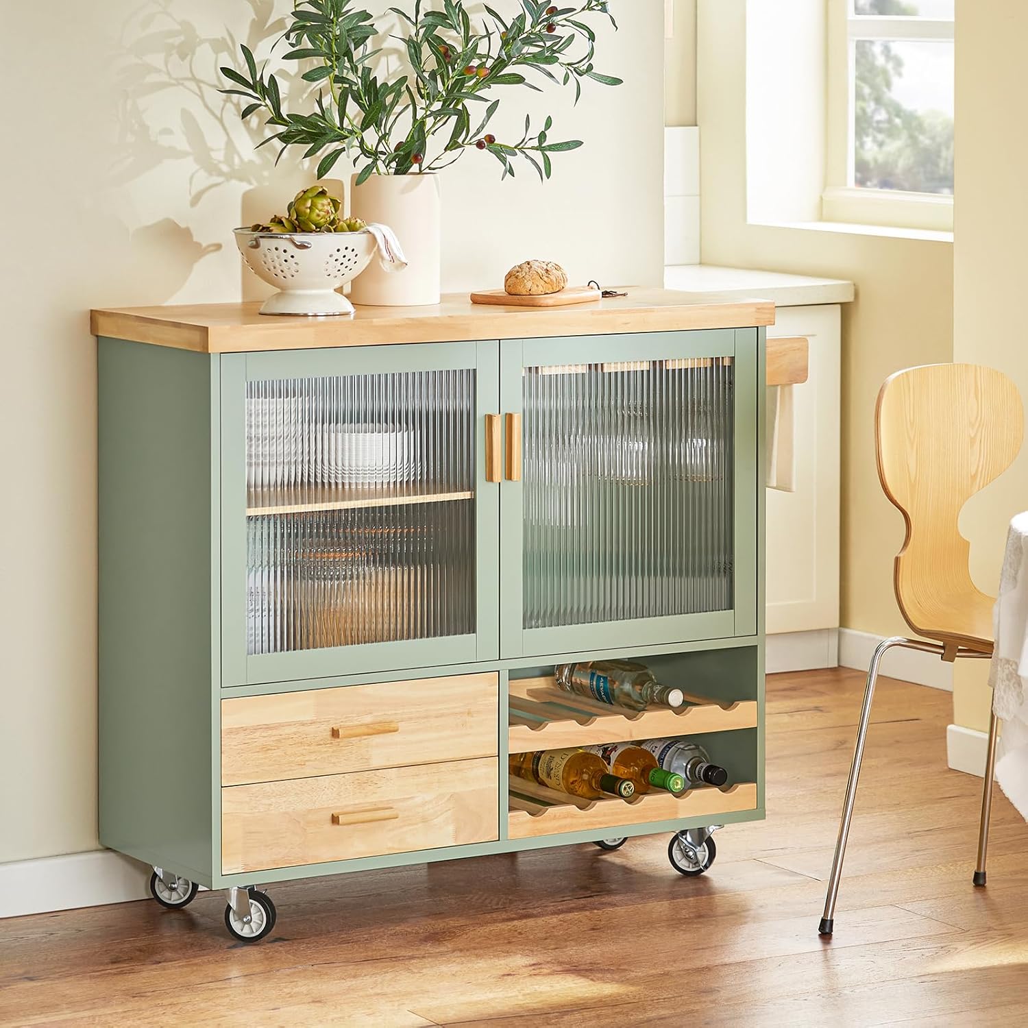 SoBuy FKW114-GR Zielona Szafka Kuchenna Kredens Kuchni Wózek kuchenny na Kółkach Jadalni 109 x 40 x 92cm