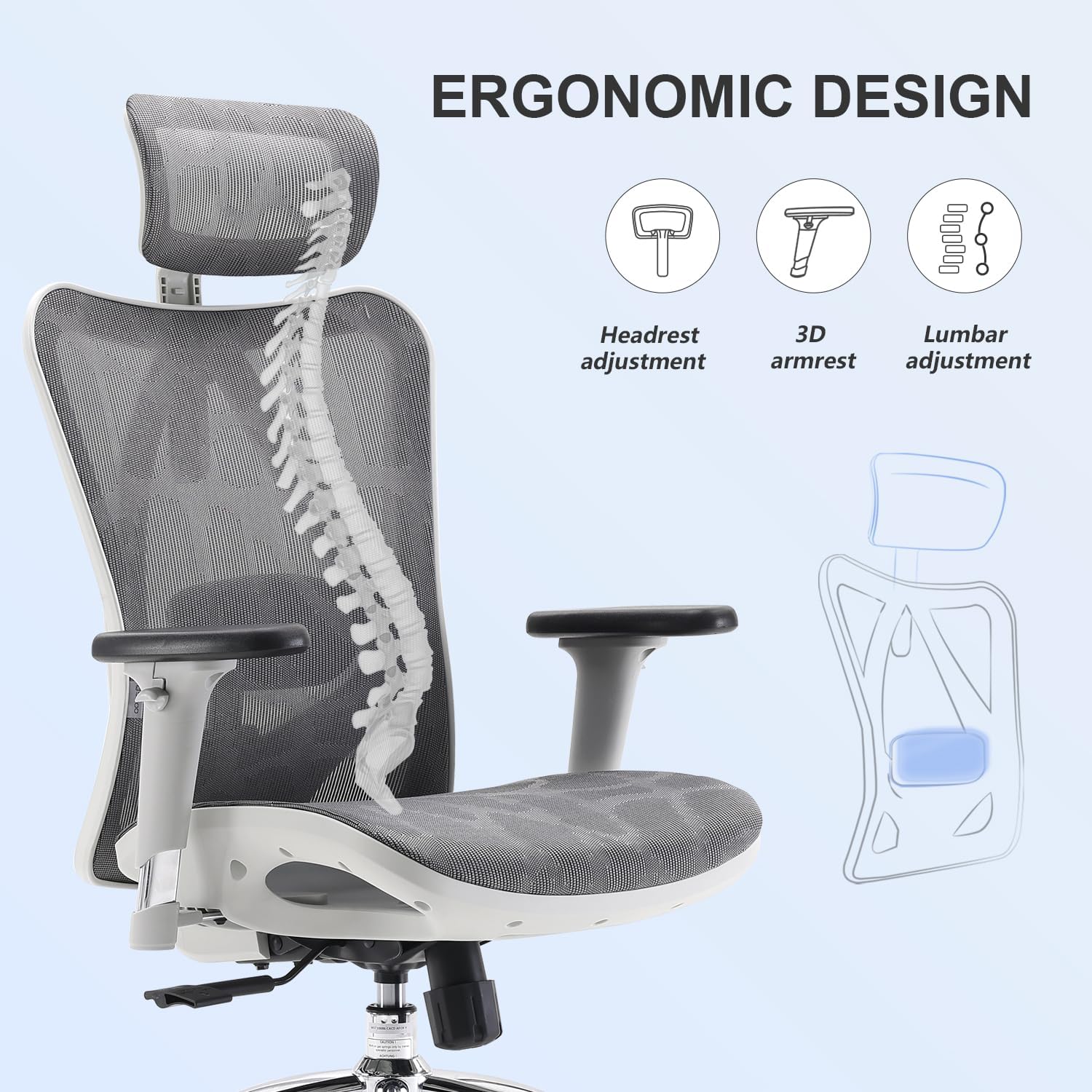 SIHOO Ergonomiczne krzesło biurowe, siatkowe, z regulowanym podparciem lędźwiowym, podłokietniki 3D, oddychające, wysokie oparcie, krzesło komputerowe, jasnoszare