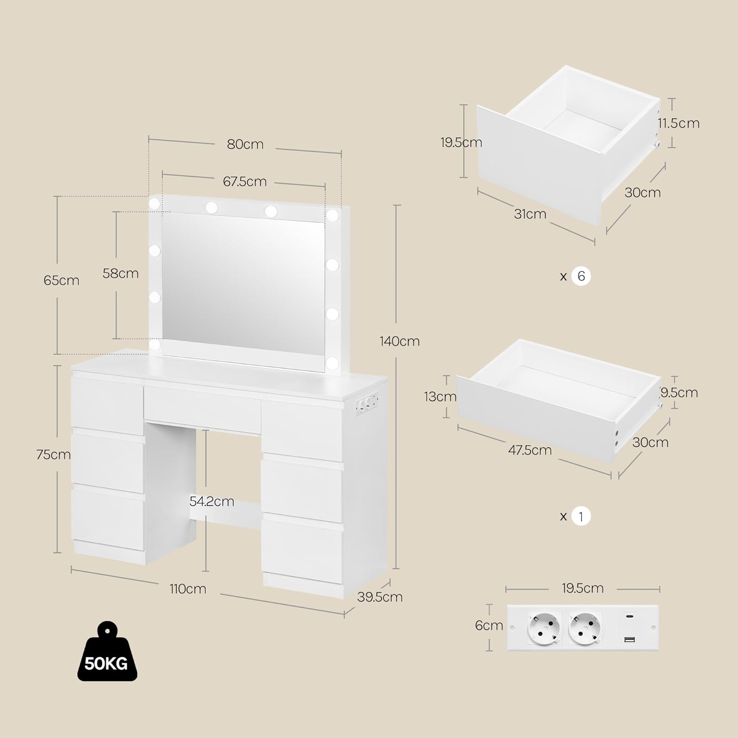 WOLTU MB6124ws Toaletka z oświetleniem i wieloma gniazdkami, toaletka z dużym lustrem LED i 7 szufladami, biurko do makijażu, 110 x 39,5 x 140,5 cm, biała nowoczesna komoda do sypialni