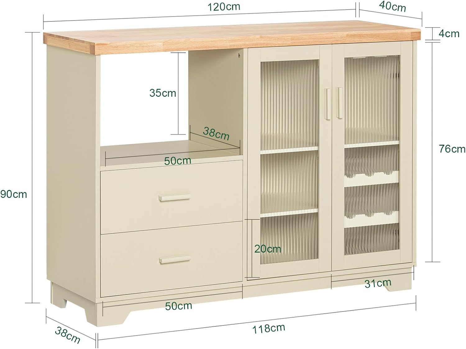 SoBuy FKW114-GR Zielona Szafka Kuchenna Kredens Kuchni Wózek kuchenny na Kółkach Jadalni 109 x 40 x 92cm
