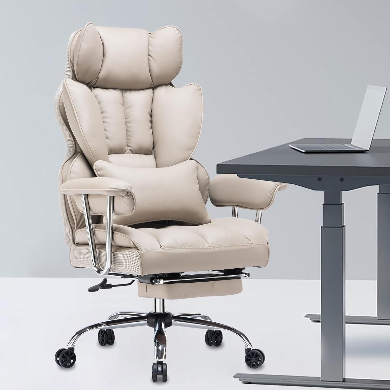 Efomao ergonomiczny fotel biurowy, krzesło kierownicze z PU skóry, fotel biurowy do 200 kg z podnóżkiem i podpórką lędźwiową, regulowane krzesło z wysokim oparciem