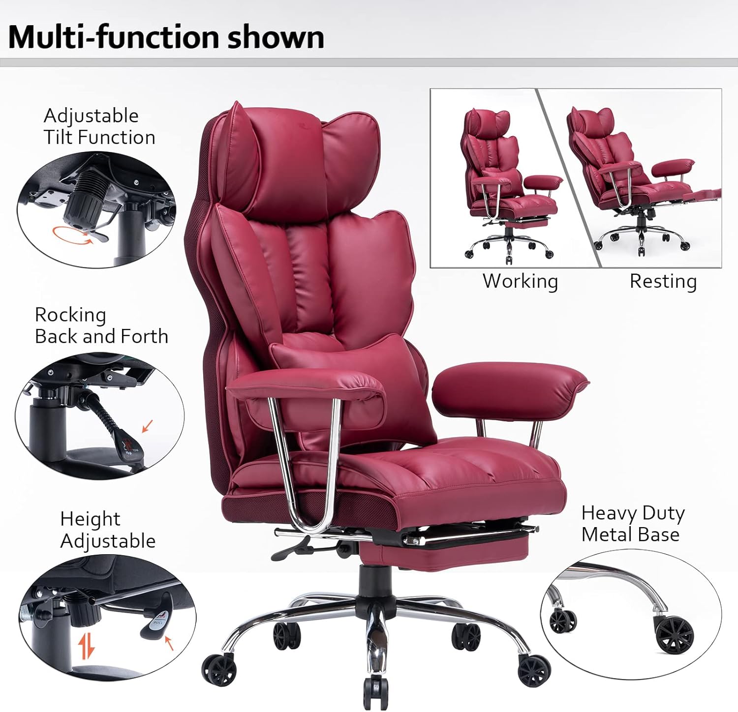 Efomao ergonomiczny fotel biurowy, krzesło kierownicze z PU skóry, fotel biurowy do 200 kg z podnóżkiem i podpórką lędźwiową, regulowane krzesło z wysokim oparciem