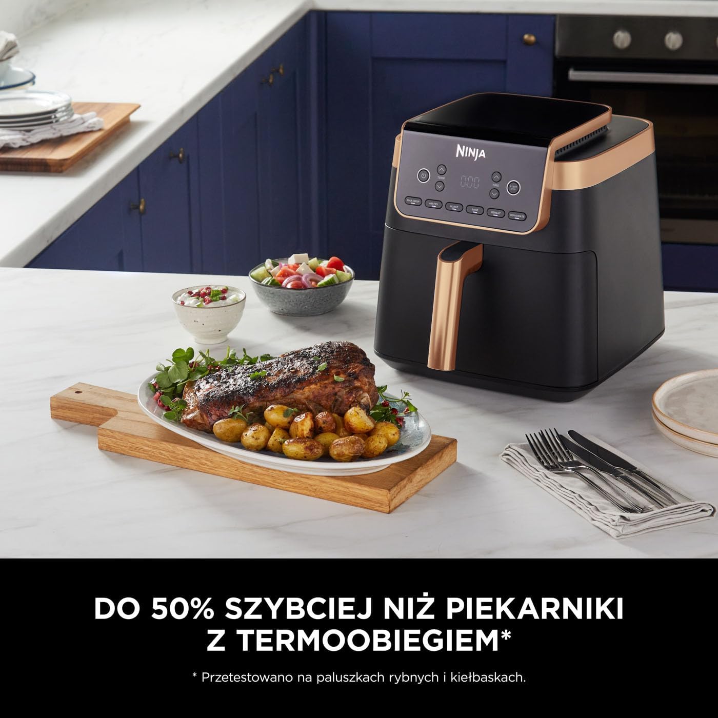 Ninja Foodi MAX Dual Zone Frytkownica beztłuszczowa z 2 szufladami, 9,5 l, kosz nieprzywierający nadaje sie do zmywarki, na 8 porcji, miedziano/czarna, 6 w 1, amazon exclusive, AF400EUCP