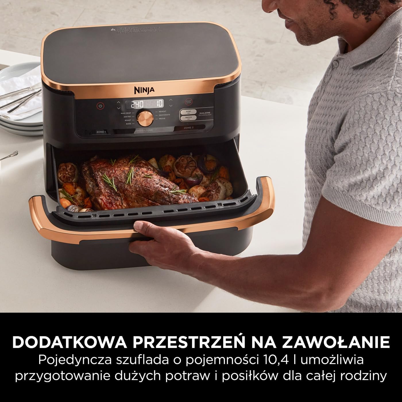 Ninja Foodi MAX Dual Zone Frytkownica beztłuszczowa z 2 szufladami, 9,5 l, kosz nieprzywierający nadaje sie do zmywarki, na 8 porcji, miedziano/czarna, 6 w 1, amazon exclusive, AF400EUCP
