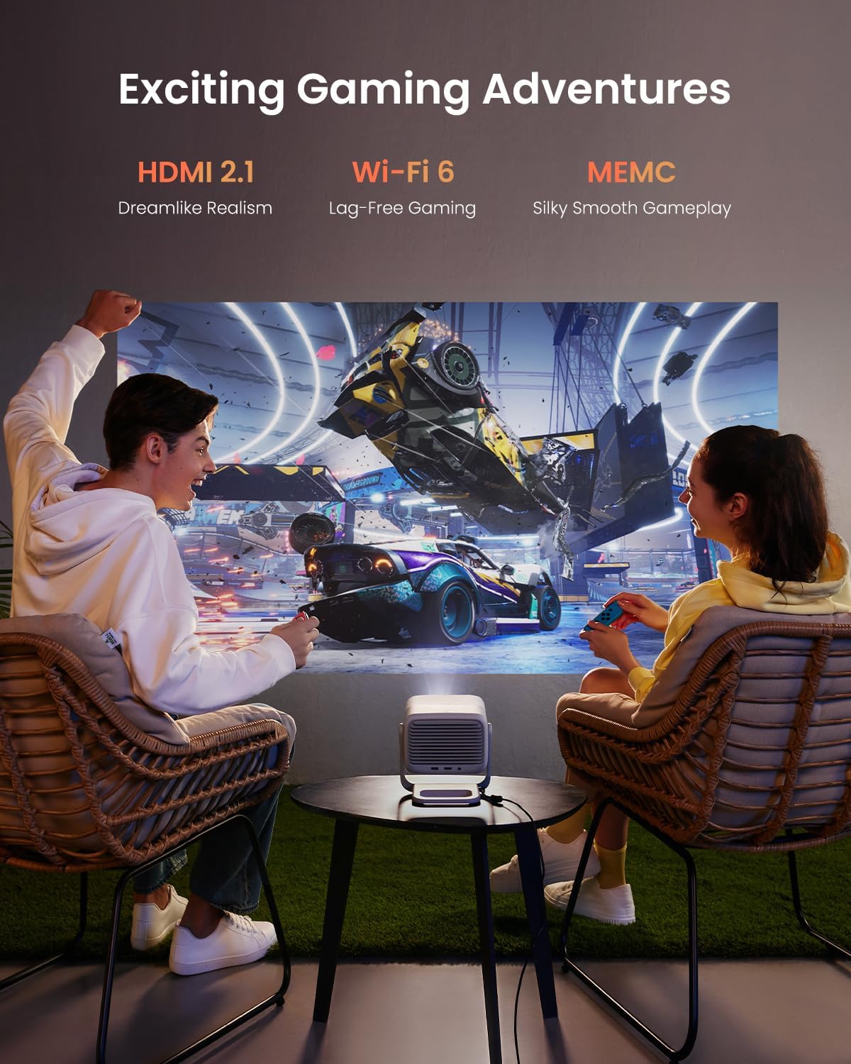 JMGO N1 Projektor, 1080P 3D Mini Full HD, przenośny projektor z potrójnym laserem 750 ISO lumenów, automatyczna korekcja obrazu z gimbalem, 2 głośniki Dynaudio 5 W, Android TV 11.0