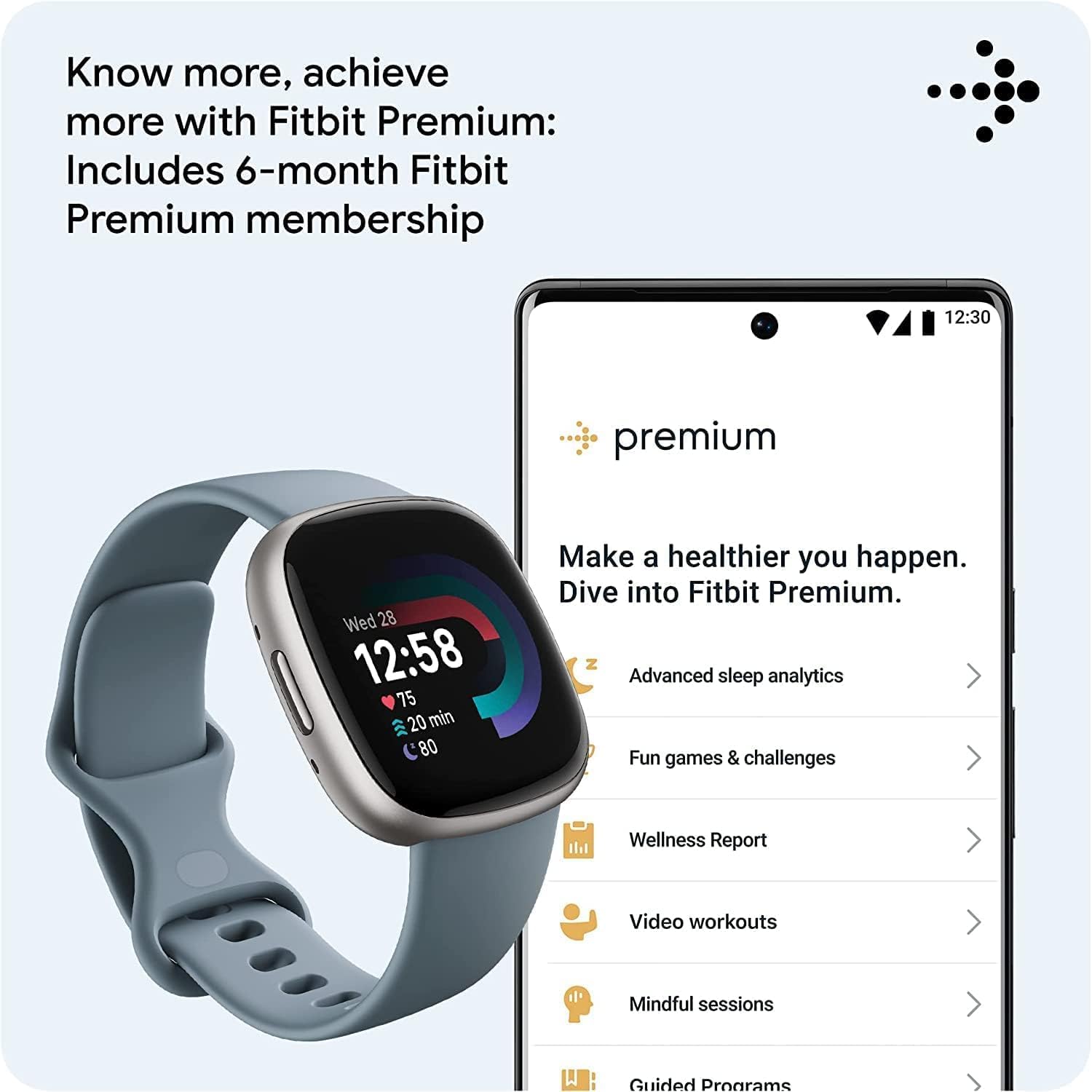Fitbit Versa 4: Smartwatch aktywnosci fitness z wbudowanym systemem GPS, oraz z żywotnością baterii aż do 6 dni. Kompantybilny z systemem iOS & Android