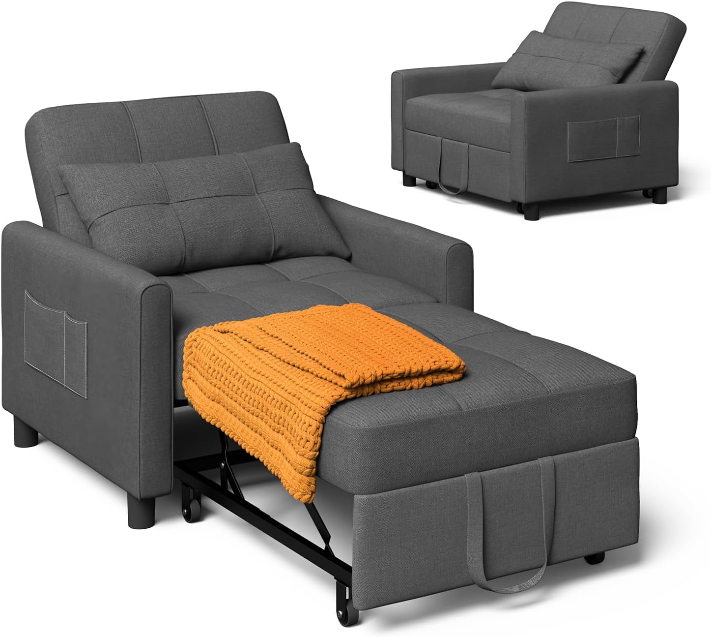 Xbro Fotel Do Spania 3 w 1, Rozkładana Sofa z Funkcją Łóżka, Regulowane Krzesło z Poduszką i Kieszenią, Wielofunkcyjny Fotel na Małe Przestrzenie, Akademiki, Biura