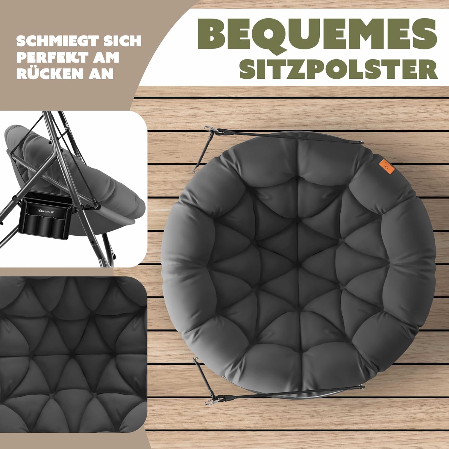KESSER® Fotel wiszący ze stalowym stelażem, huśtawka, do 150 kg, do użytku wewnątrz i na zewnątrz, z poduszką i kieszenią boczną, kosz wiszący, piankowa poduszka, idealny do salonu i ogrodu