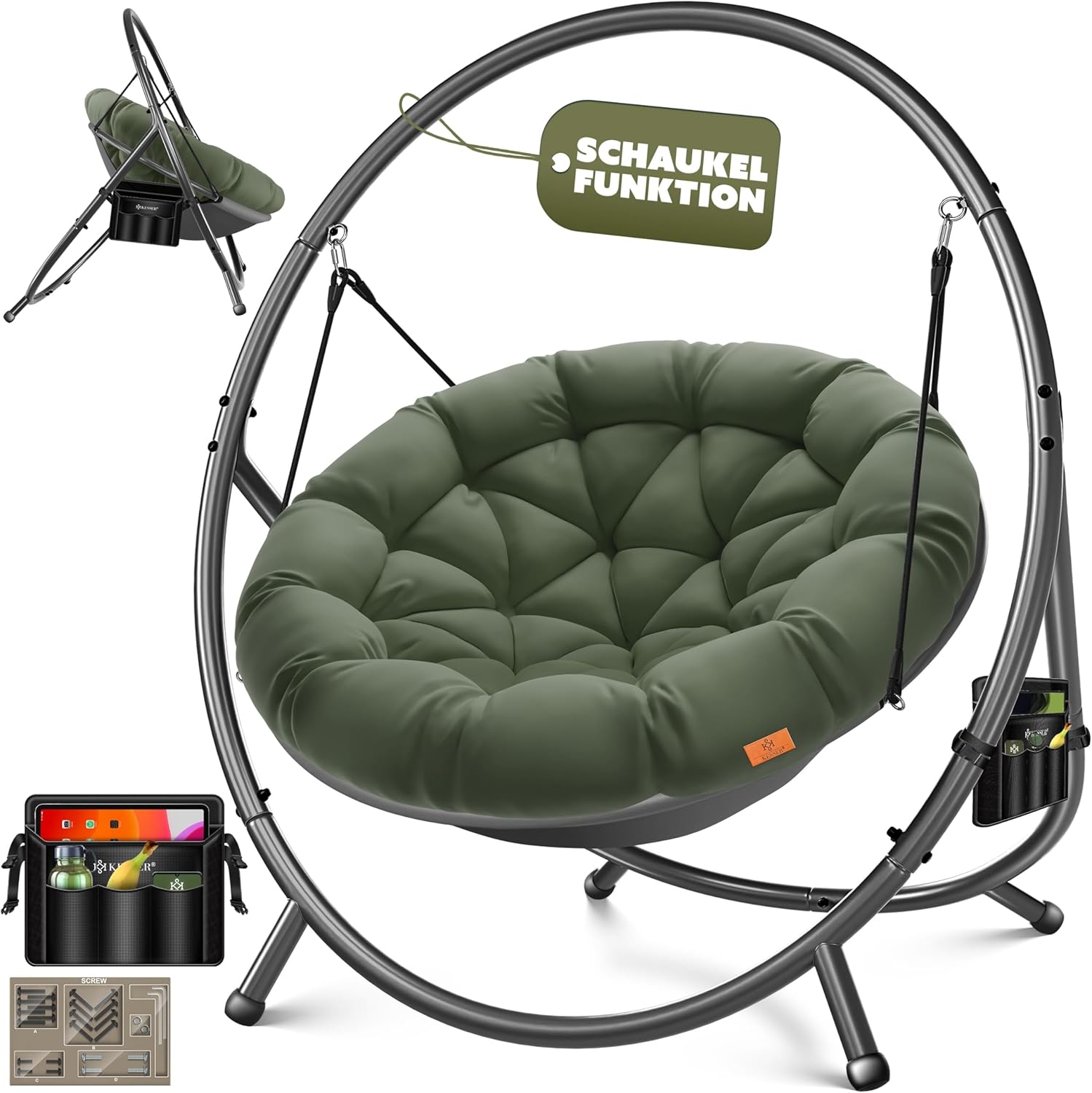 KESSER® Fotel wiszący ze stalowym stelażem, huśtawka, do 150 kg, do użytku wewnątrz i na zewnątrz, z poduszką i kieszenią boczną, kosz wiszący, piankowa poduszka, idealny do salonu i ogrodu