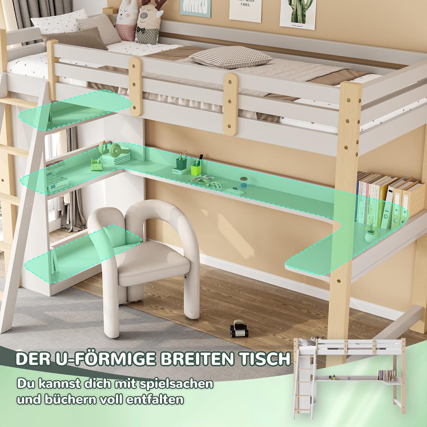 BXEYXE Łóżko piętrowe dla dzieci 90 x 200 cm z listwami ochronnymi i stelażem, łóżko dziecięce z ukośnymi ślizgaczami, wbudowane biurko i regały, łóżko piętrowe z litego drewna, białe, wielofunkcyjne