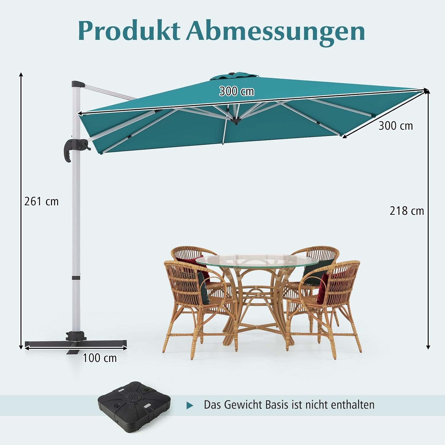 COSTWAY Parasol przeciwsłoneczny, prostokątny, 300 x 300 cm, duży parasol przeciwsłoneczny z korbą, parasol ogrodowy, odchylany o 360°, parasol tarasowy, do ogrodu, na taras, balkon (czarny)