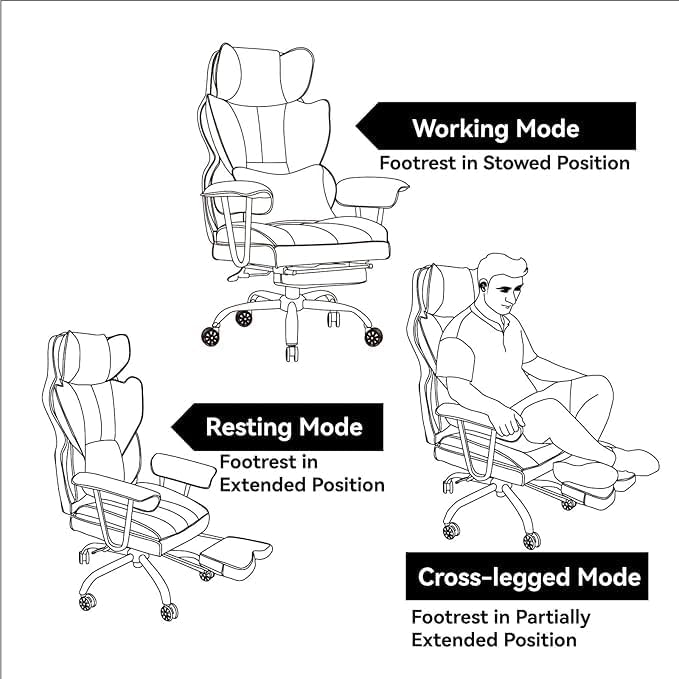 Efomao ergonomiczny fotel biurowy, krzesło kierownicze z PU skóry, fotel biurowy do 200 kg z podnóżkiem i podpórką lędźwiową, regulowane krzesło z wysokim oparciem