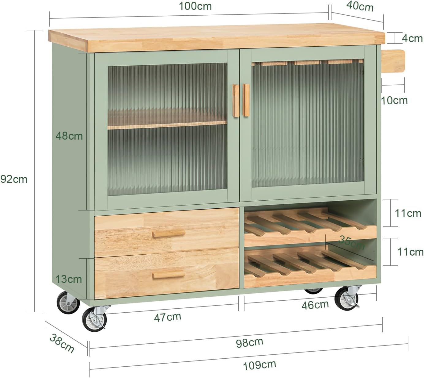 SoBuy FKW114-GR Zielona Szafka Kuchenna Kredens Kuchni Wózek kuchenny na Kółkach Jadalni 109 x 40 x 92cm