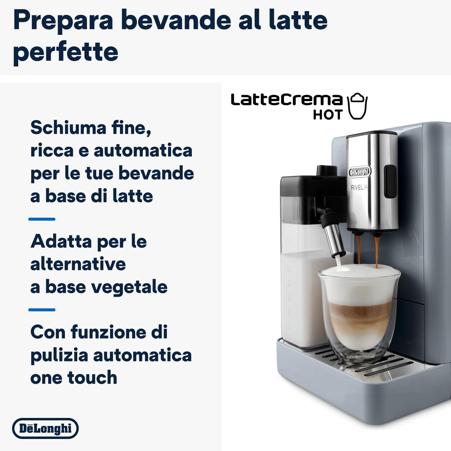 De'Longhi Rivelia EXAM440.55.G, superautomatyczny ekspres do kawy z LatteCrema Hot, automatyczny spieniacz do mleka, kompaktowy rozmiar, 16 przepisów, kolorowy ekran dotykowy, szary
