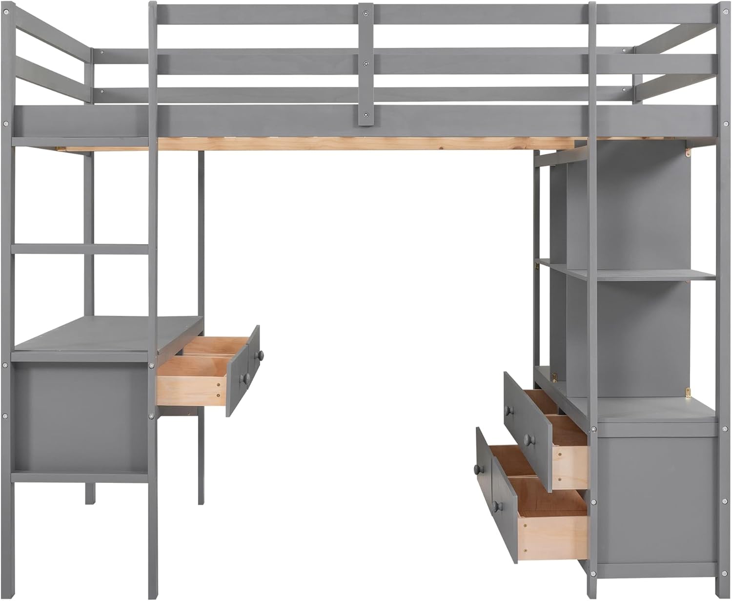 YCYDHDM Łóżko piętrowe 90 x 200 cm z biurkiem i półkami, łóżko piętrowe dla dzieci, łóżko młodzieżowe z zabezpieczeniem przed wypadnięciem i miejscem do przechowywania, rama łóżka z drewna sosnowego,