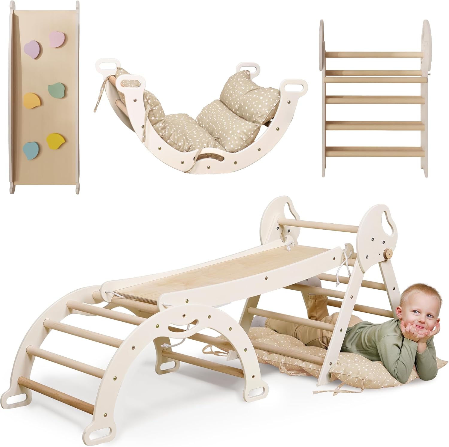 Zestaw wspinaczkowy 5 w 1 Montessori - drewniana siłownia z trójkątną drabinką i łukiem oraz rampą wspinaczkową, siatką i poduszką - rama wspinaczkowa dla maluchów w wieku 1-7 lat w rozmiarze XL