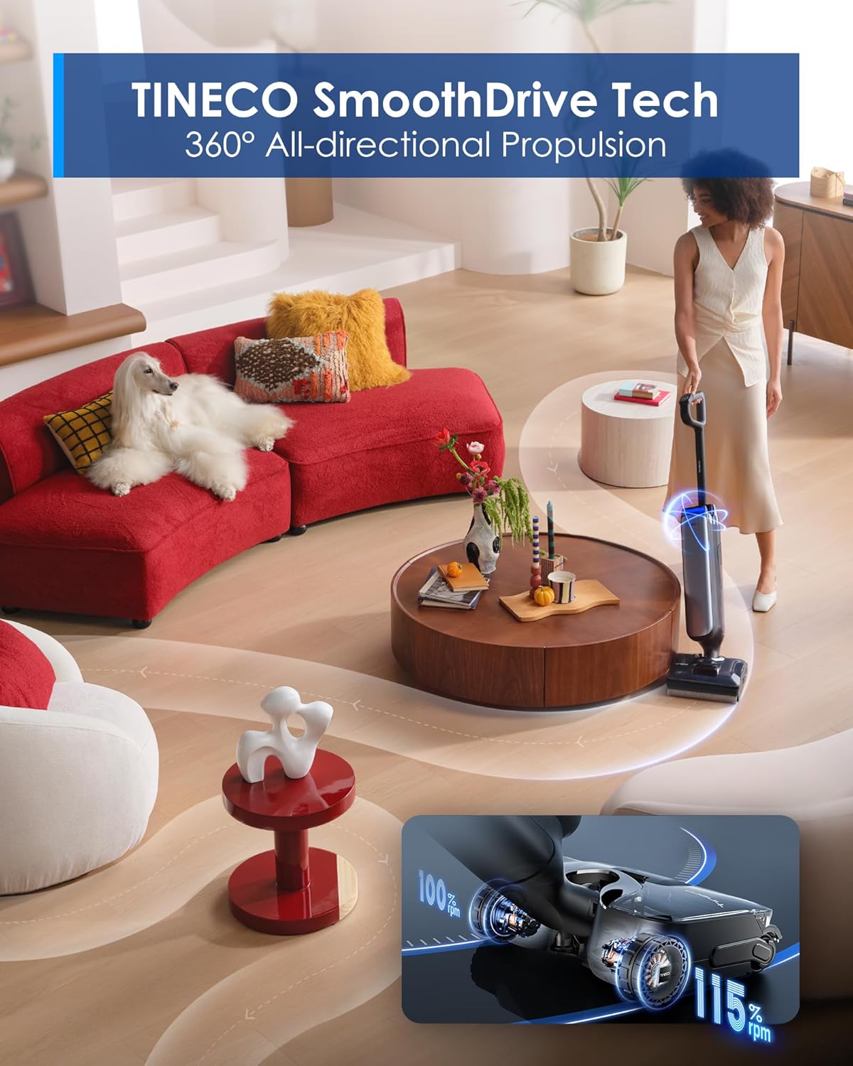 Tineco Floor ONE S7 Stretch Ultra Bezprzewodowy Odkurzacze na sucho i mokro, zapobiegająca splątaniu 180°, czas pracy 50 minut, samooczyszczanie Flashdry 85℃, dwustronne czyszczenie krawędzi
