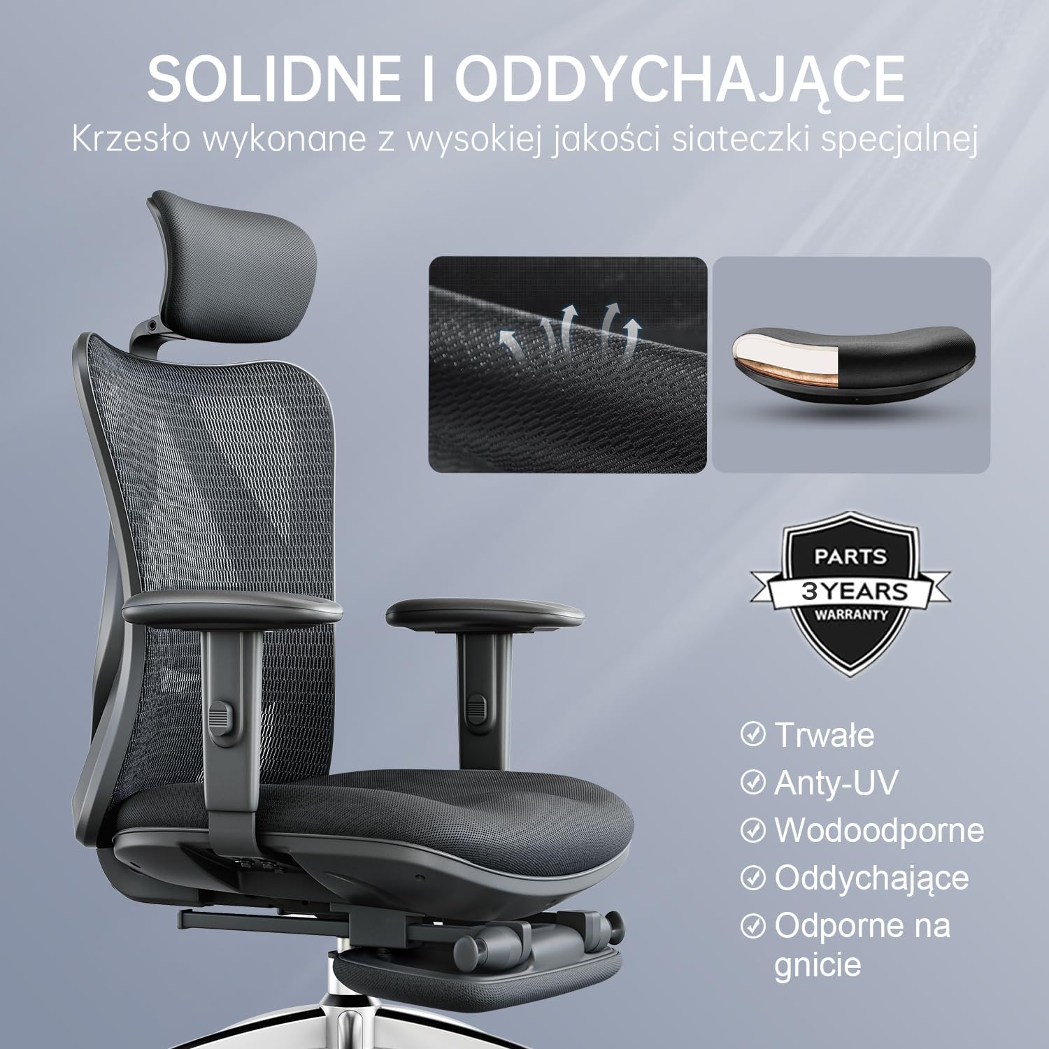 SIHOO Ergonomiczne krzesło biurowe, komputerowe krzesło biurowe z regulowanym podparciem lędźwiowym i zagłówkiem, oddychające siatkowe krzesło do gier z wygodną grubą poduszką i regulowanymi podłokietnikami, krzesło obrotowe do nauki w domu (czarne)
