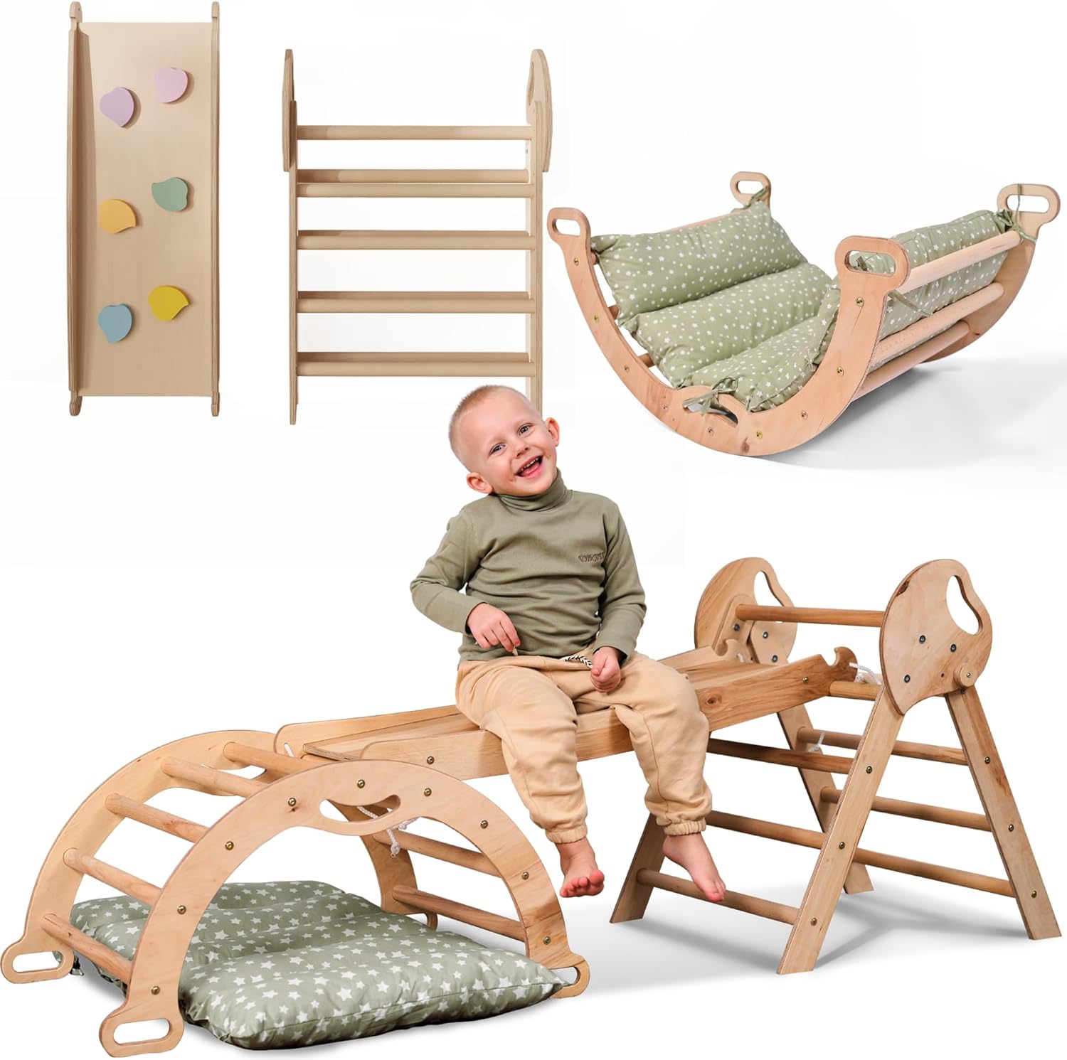 Zestaw wspinaczkowy 5 w 1 Montessori - drewniana siłownia z trójkątną drabinką i łukiem oraz rampą wspinaczkową, siatką i poduszką - rama wspinaczkowa dla maluchów w wieku 1-7 lat w rozmiarze XL