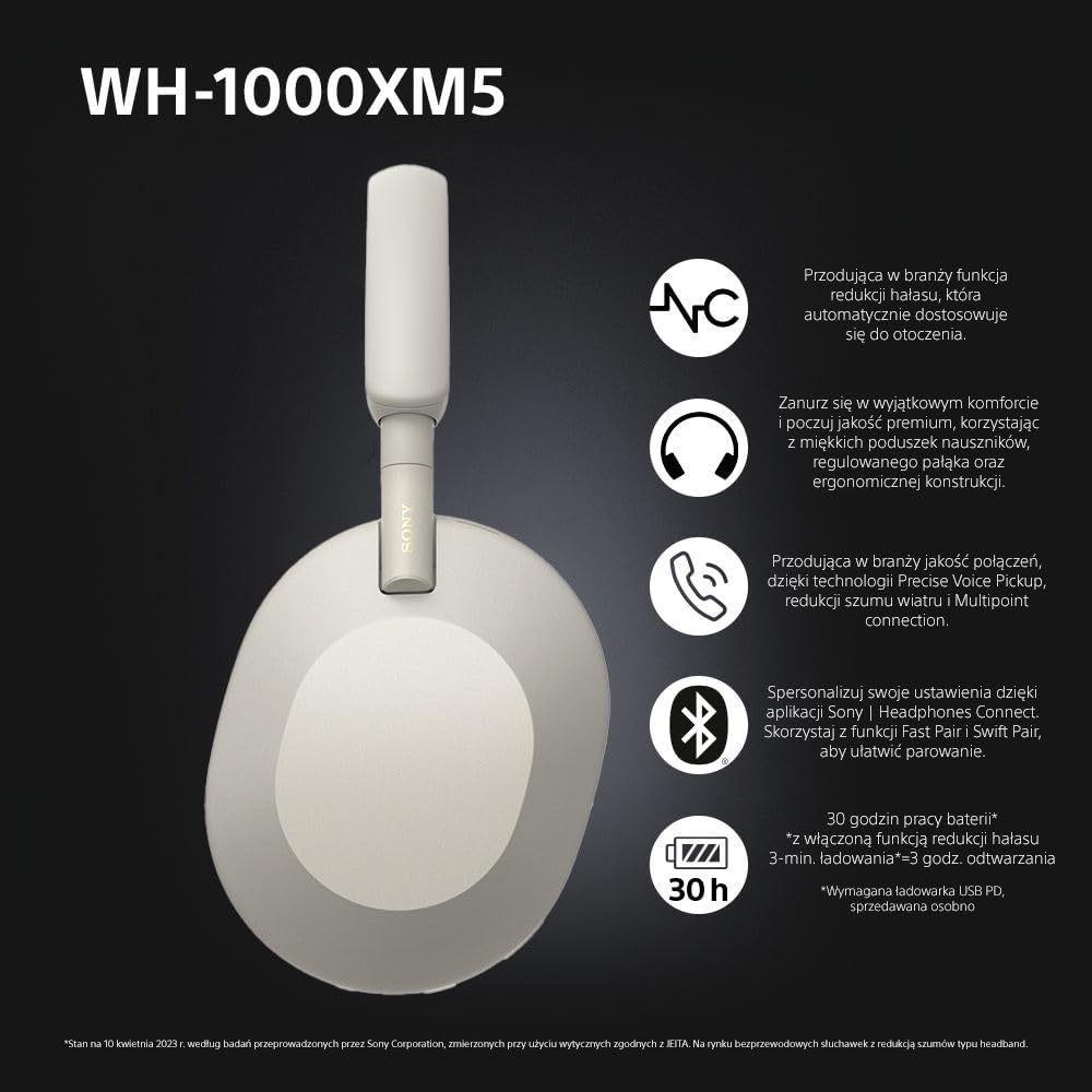 Sony WH-1000XM5 ANC Bezprzewodowe Słuchawki Nausze Z Redukcją Hałasu, Bluetooth, Clear Call Quality, Hi-Res, Do 30H Baterii, Szybkie Ładowanie, Alexa And Google Assistant, Ios And Android - Czarne