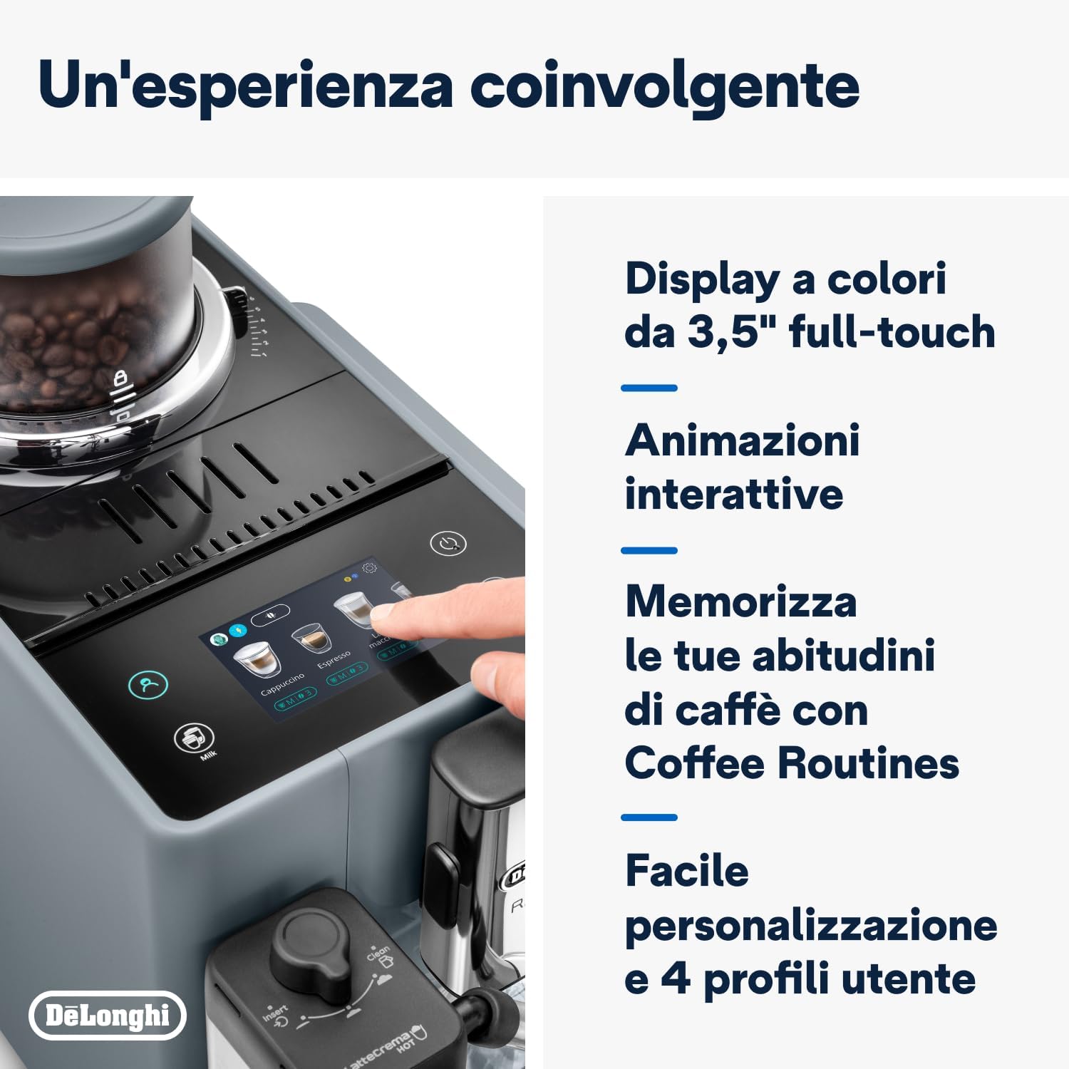 De'Longhi Rivelia EXAM440.55.G, superautomatyczny ekspres do kawy z LatteCrema Hot, automatyczny spieniacz do mleka, kompaktowy rozmiar, 16 przepisów, kolorowy ekran dotykowy, szary