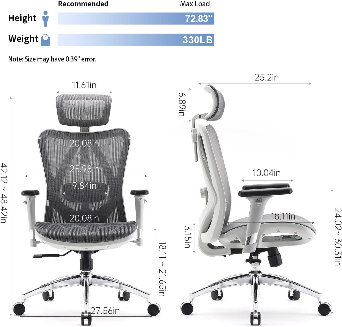 SIHOO Ergonomiczne krzesło biurowe, siatkowe, z regulowanym podparciem lędźwiowym, podłokietniki 3D, oddychające, wysokie oparcie, krzesło komputerowe, jasnoszare