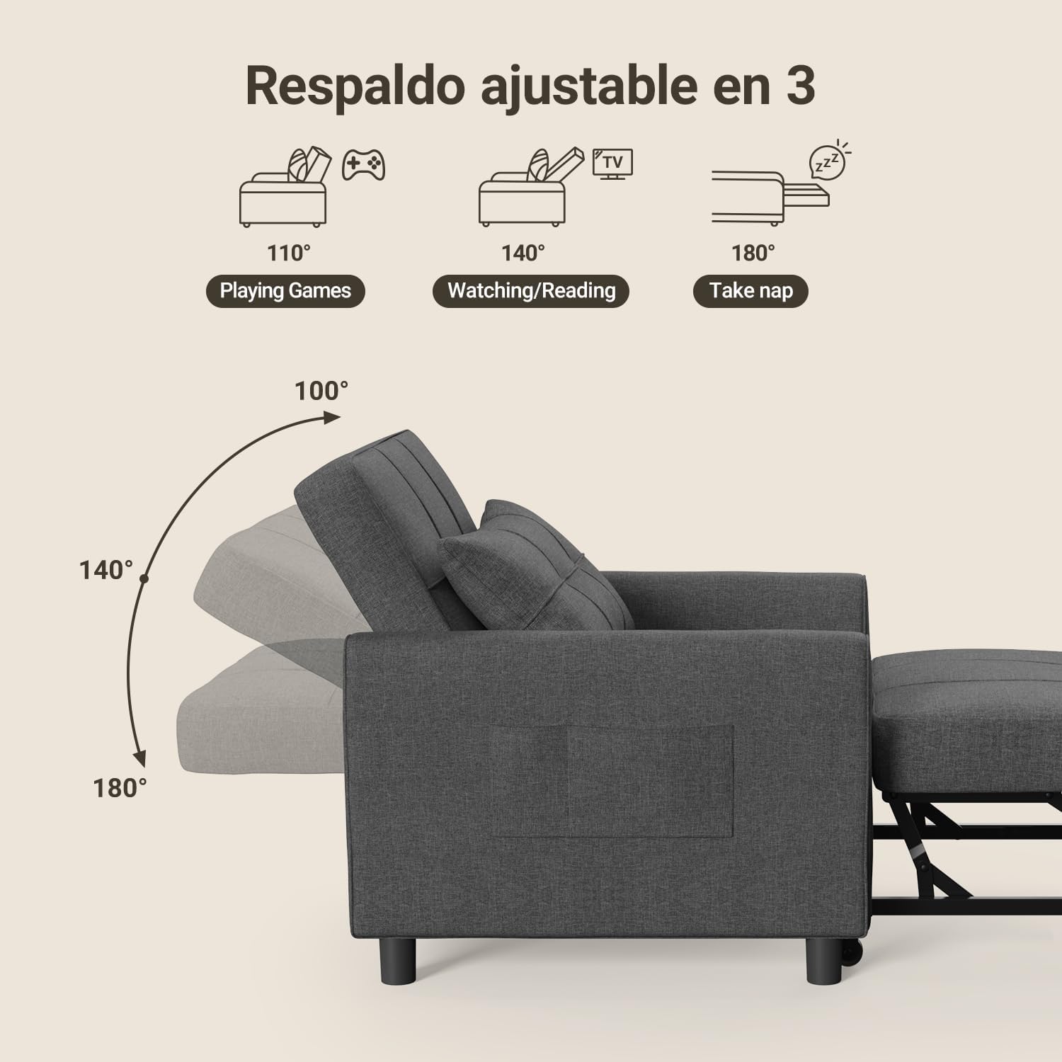 Xbro Fotel Do Spania 3 w 1, Rozkładana Sofa z Funkcją Łóżka, Regulowane Krzesło z Poduszką i Kieszenią, Wielofunkcyjny Fotel na Małe Przestrzenie, Akademiki, Biura