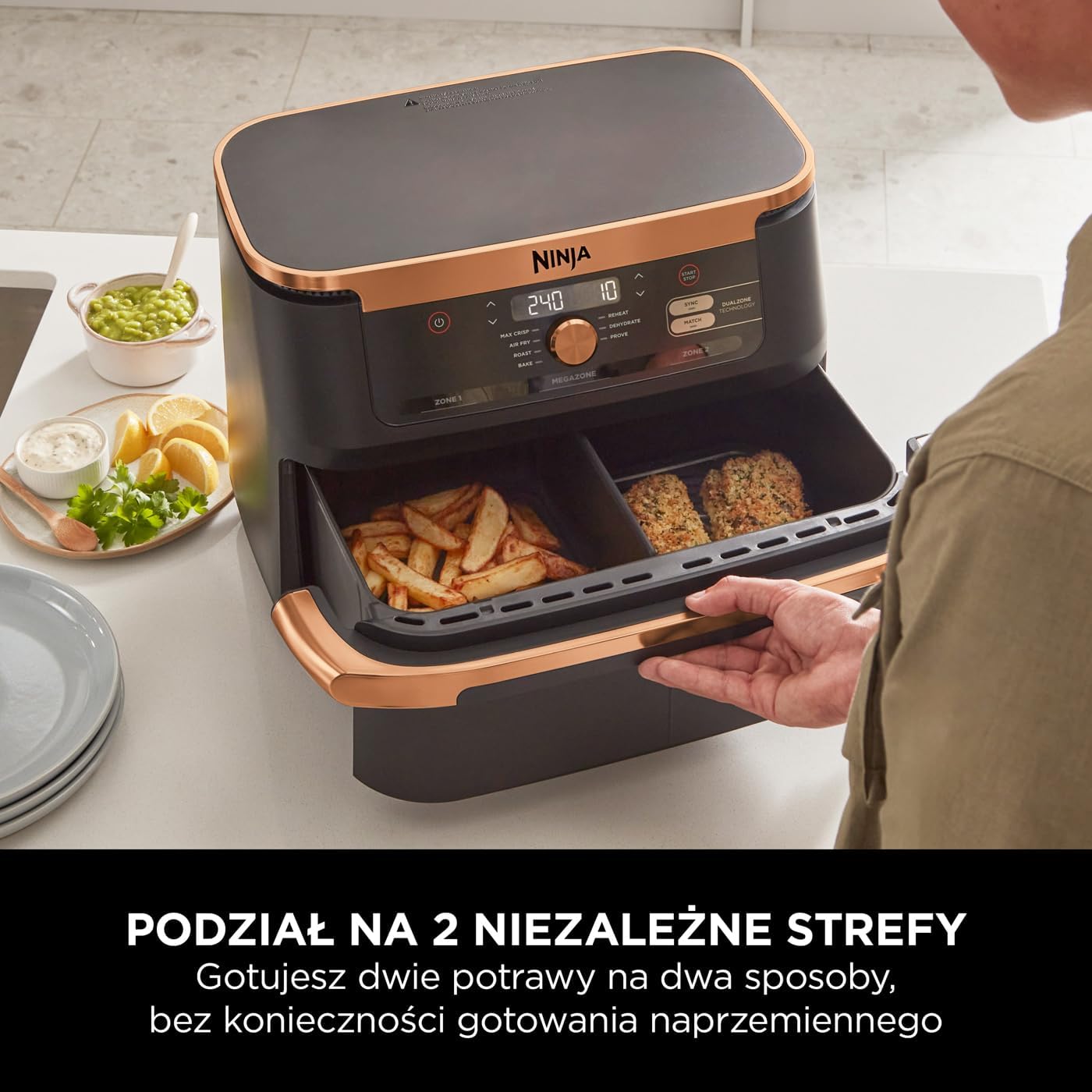 Ninja Foodi MAX Dual Zone Frytkownica beztłuszczowa z 2 szufladami, 9,5 l, kosz nieprzywierający nadaje sie do zmywarki, na 8 porcji, miedziano/czarna, 6 w 1, amazon exclusive, AF400EUCP