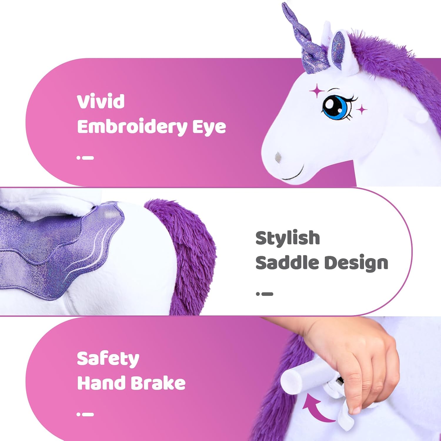 PonyCycle 2023 Nowy Model E Jednorożec do Jazdy na Mechanicznym Chodzącym Jednorożcu z Hamulcem (Fioletowy/Rozmiar 4 dla Dzieci w Wieku 4-8 Lat) Hulajnoga dla Maluchów do Jazdy na Koniu - E413