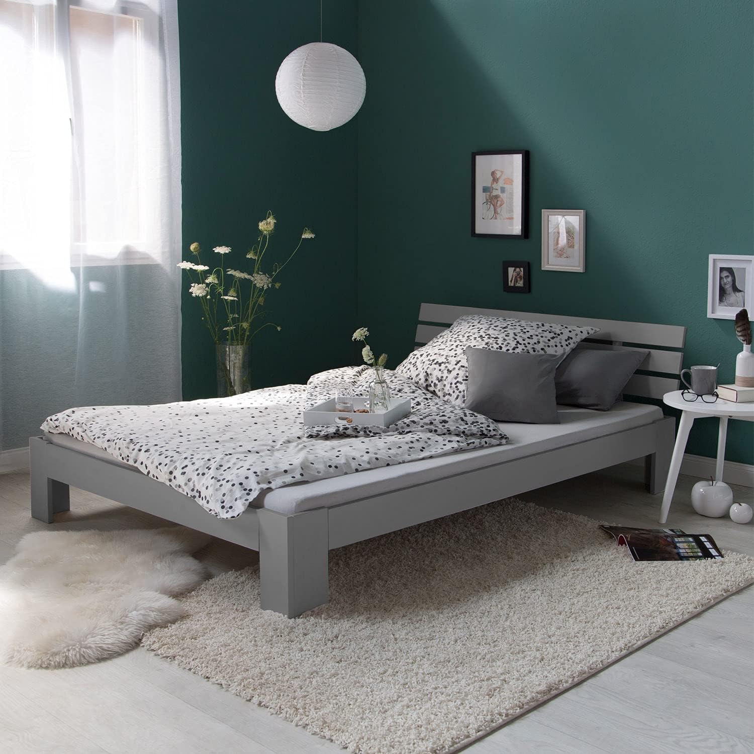 Homestyle4u 1836 Łóżko z litego drewna sosnowego, 180 x 200 cm, z stelażem z białymi listwami, łóżko podwójne 180 x 200 cm
