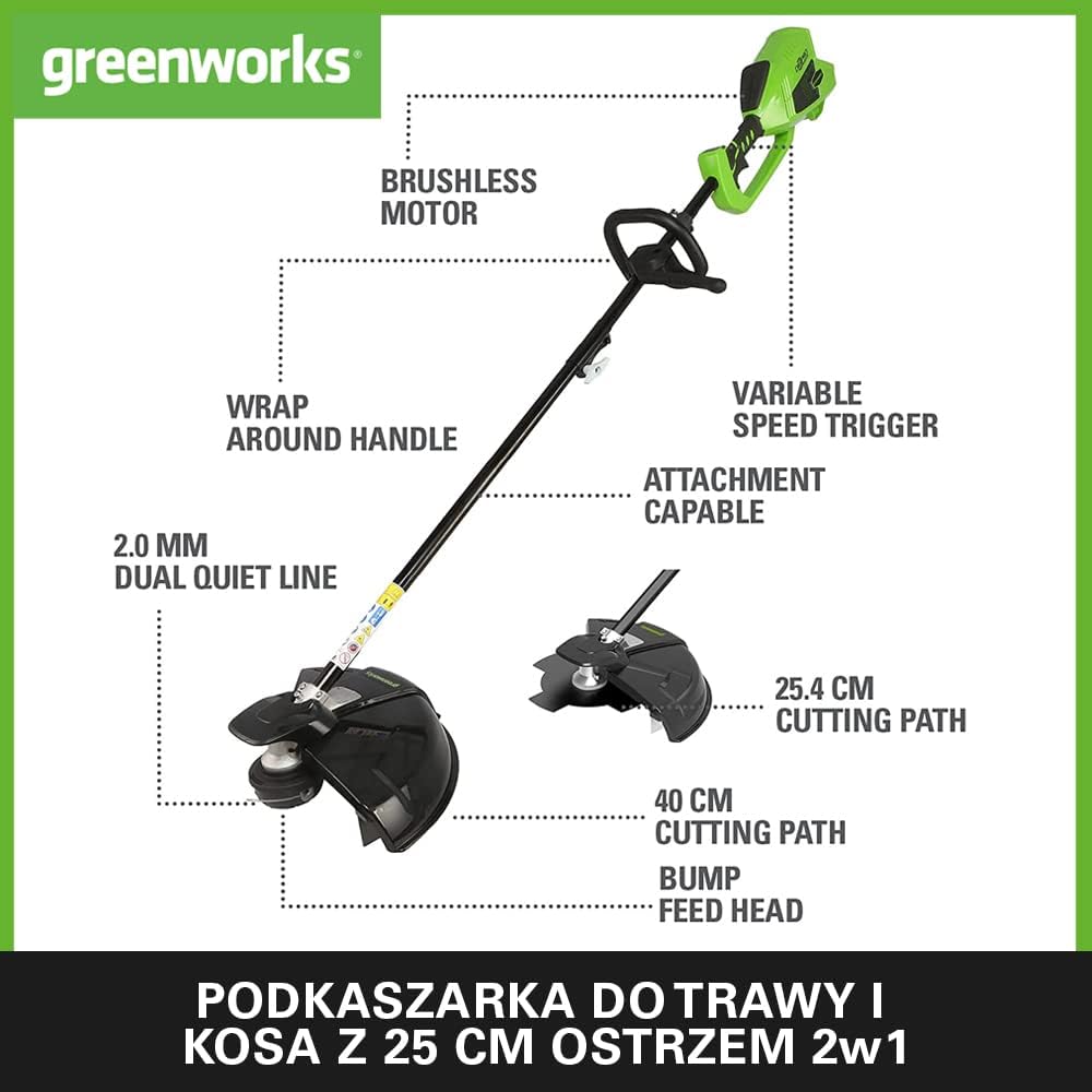 Greenworks GD40BCK2X Akumulatorowa Kosa z Silnikiem Bezszczotkowym, Szelki, Regulowana Wysokość, 40 cm Szerokość Cięcia, 2 mm Żyłka Nylonowa lub 25 cm Ostrze, 2 x Bateria 40V i Ładowarka