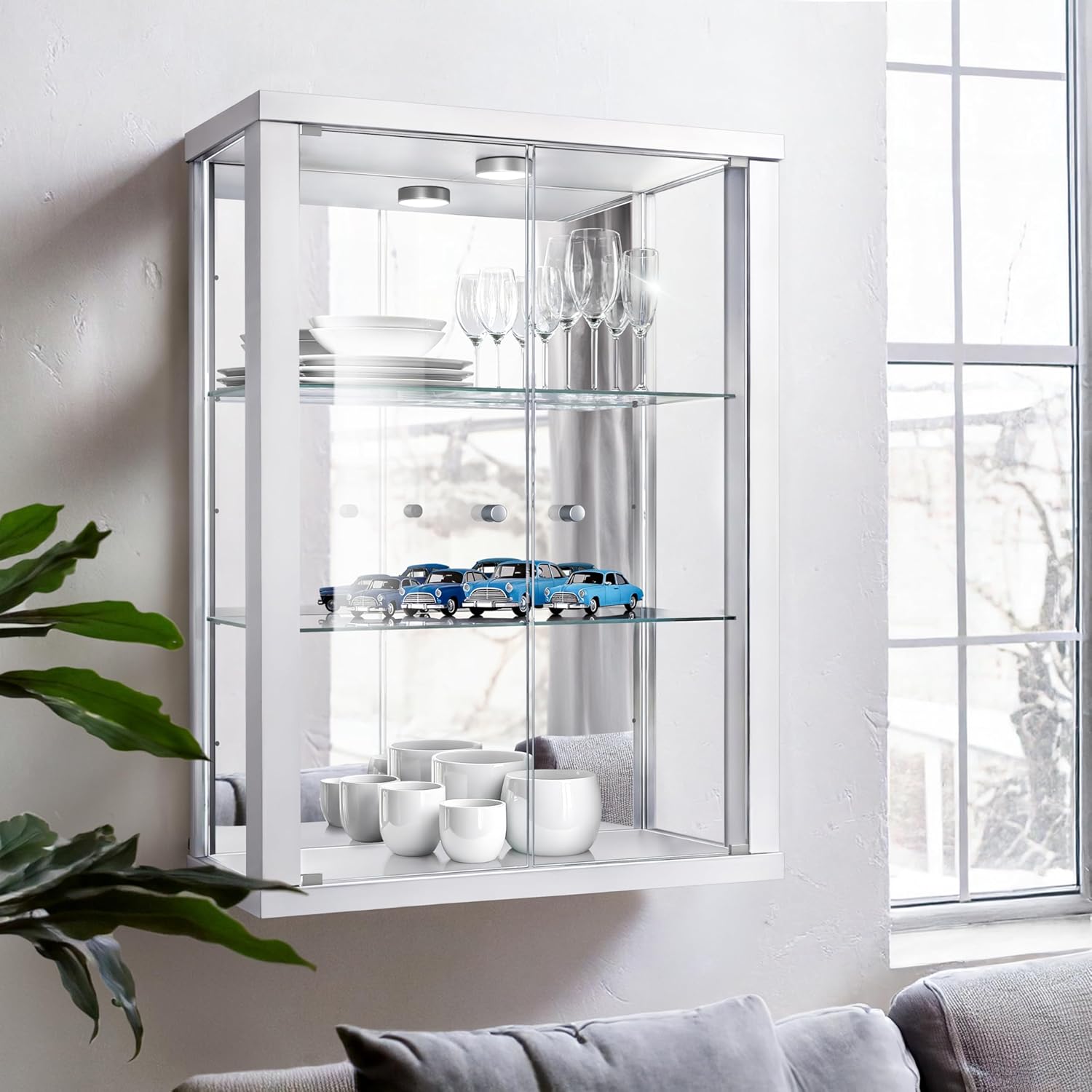K-Möbel witryna ścienna (80x60x25cm) – Wyprodukowana w Niemczech – Wisząca witryna szklana z 2 regulowanymi półkami z ESG, lustrem i oświetleniem LED w kolorze czarnym Szafka z przeszklonymi drzwiami
