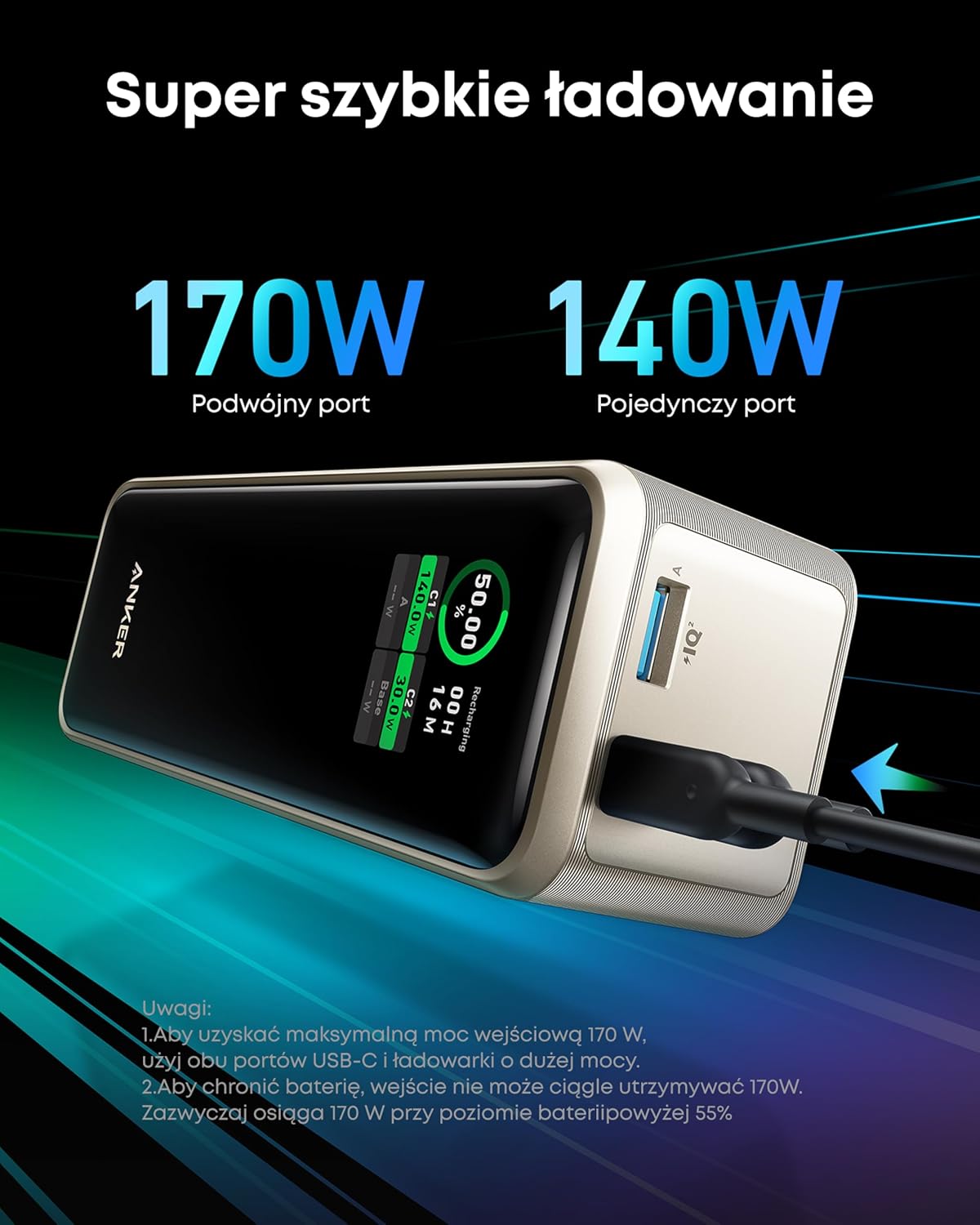 Anker Prime power bank 27650 mAh 250W w zestawie baza ładująca, szybkie ładowanie, kompaktowa przenośna ładowarka do podróży, kontrola aplikacji, kompatybilny z MacBook, iPhone, iPad i innymi