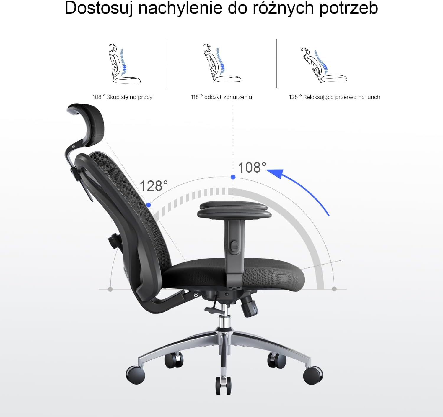 SIHOO Ergonomiczne krzesło biurowe, komputerowe krzesło biurowe z regulowanym podparciem lędźwiowym i zagłówkiem, oddychające siatkowe krzesło do gier z wygodną grubą poduszką i regulowanymi podłokietnikami, krzesło obrotowe do nauki w domu (czarne)