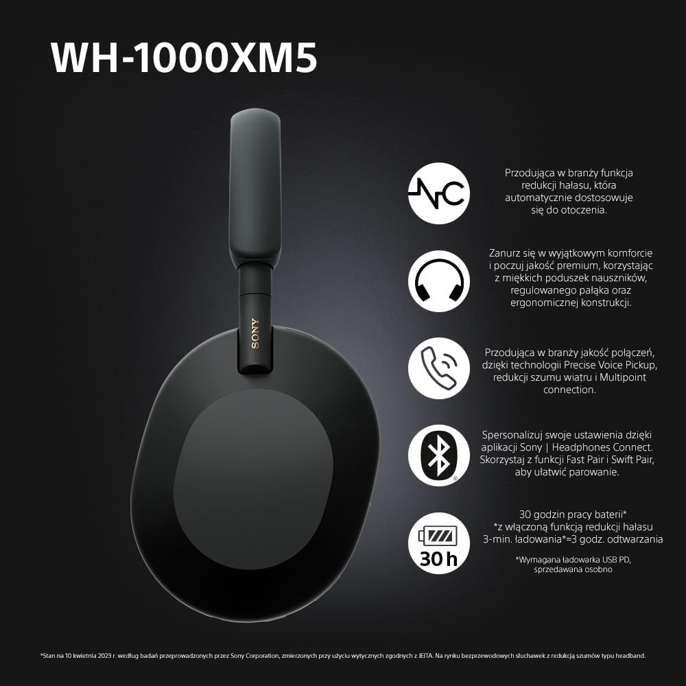 Sony WH-1000XM5 ANC Bezprzewodowe Słuchawki Nausze Z Redukcją Hałasu, Bluetooth, Clear Call Quality, Hi-Res, Do 30H Baterii, Szybkie Ładowanie, Alexa And Google Assistant, Ios And Android - Czarne
