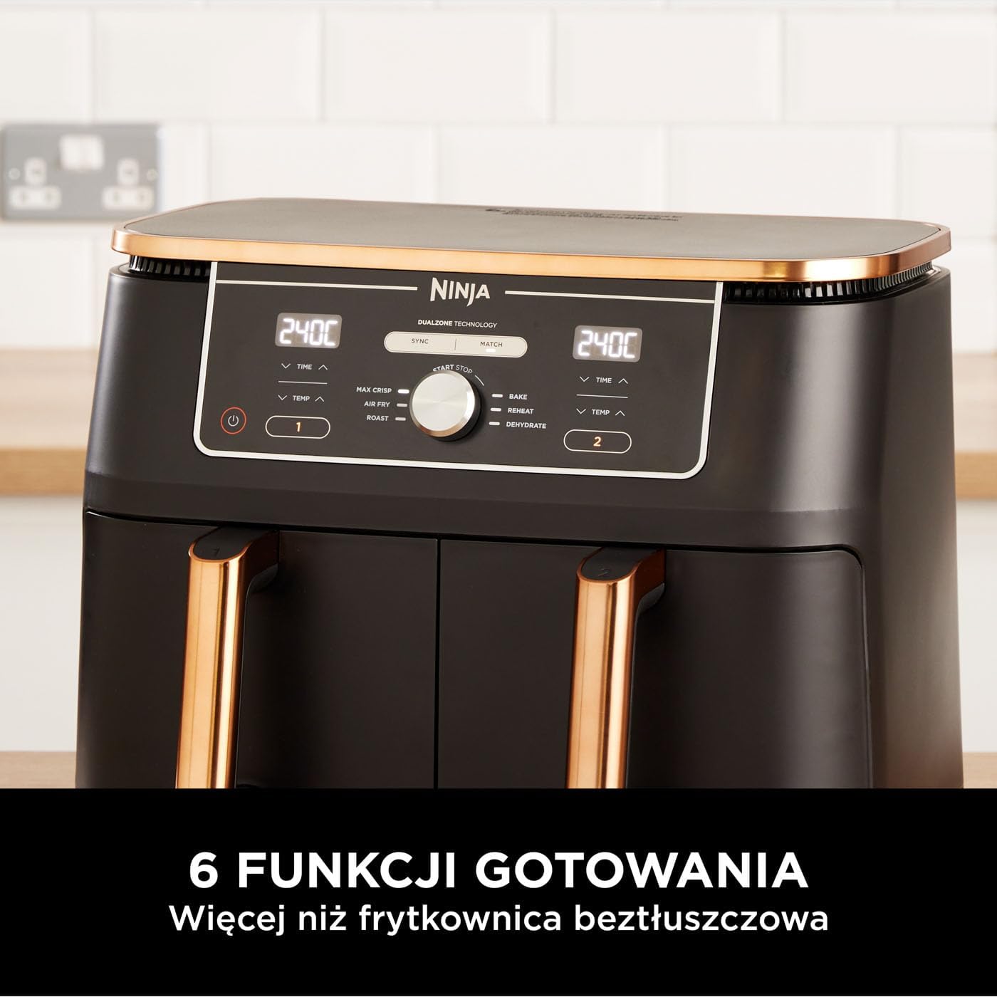 Ninja Foodi MAX Dual Zone Frytkownica beztłuszczowa z 2 szufladami, 9,5 l, kosz nieprzywierający nadaje sie do zmywarki, na 8 porcji, miedziano/czarna, 6 w 1, amazon exclusive, AF400EUCP