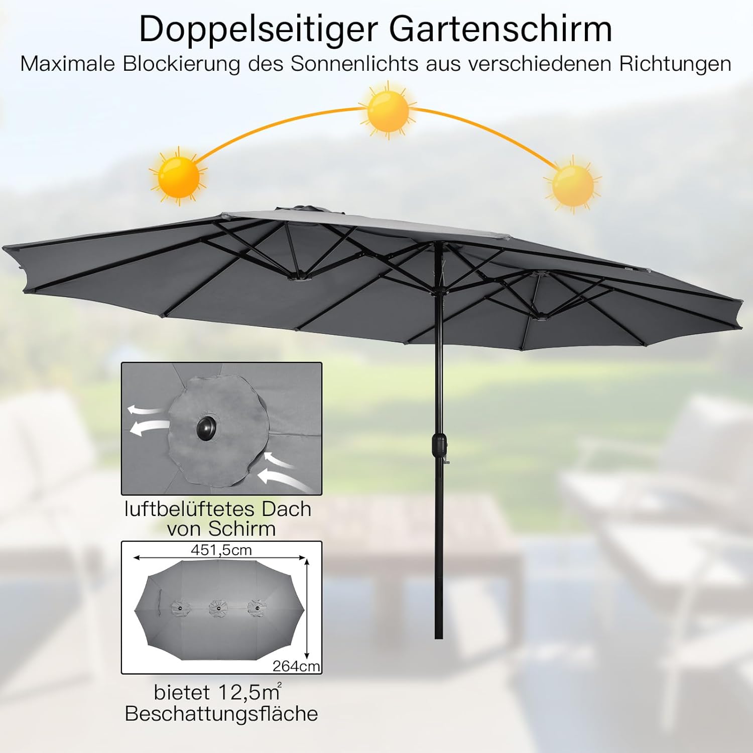 COSTWAY Parasol przeciwsłoneczny, prostokątny, 300 x 300 cm, duży parasol przeciwsłoneczny z korbą, parasol ogrodowy, odchylany o 360°, parasol tarasowy, do ogrodu, na taras, balkon (czarny)