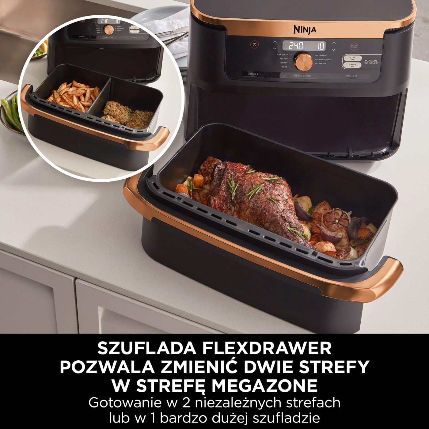 Ninja Foodi MAX Dual Zone Frytkownica beztłuszczowa z 2 szufladami, 9,5 l, kosz nieprzywierający nadaje sie do zmywarki, na 8 porcji, miedziano/czarna, 6 w 1, amazon exclusive, AF400EUCP