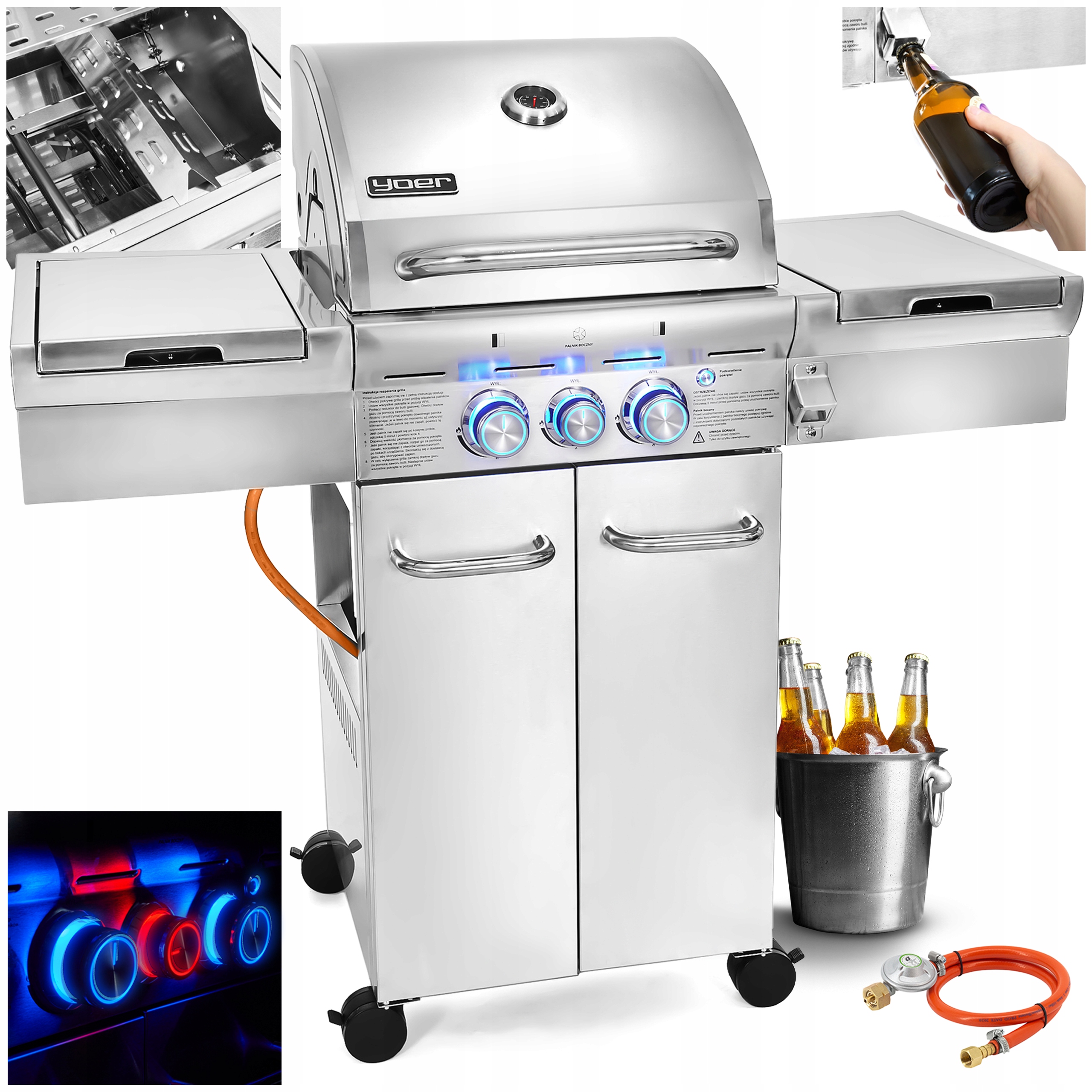 Grill gazowy Ogrodowy ŻELIWNY nierdzewny 3+2 Yoer 17,65 kW +szafka na butlę